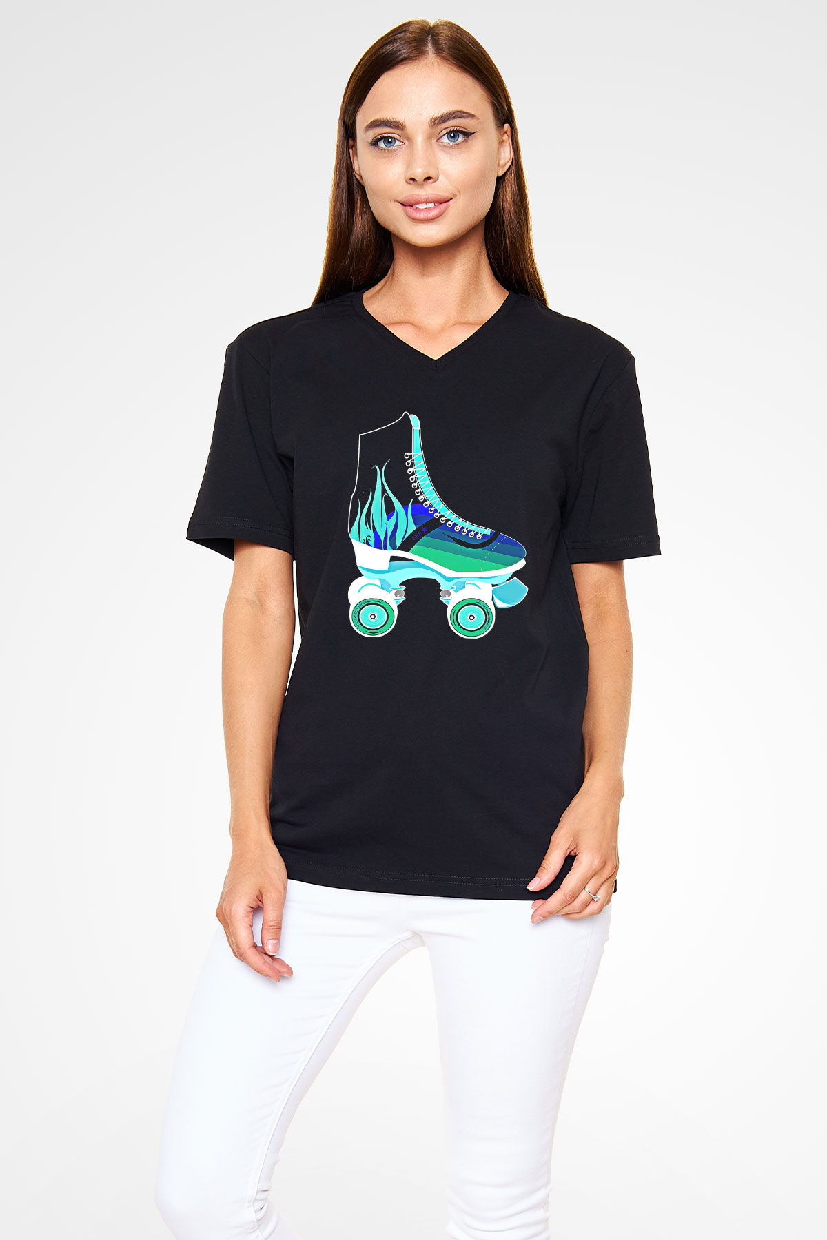 Paten Baskılı Unisex Siyah V Yaka Tişört