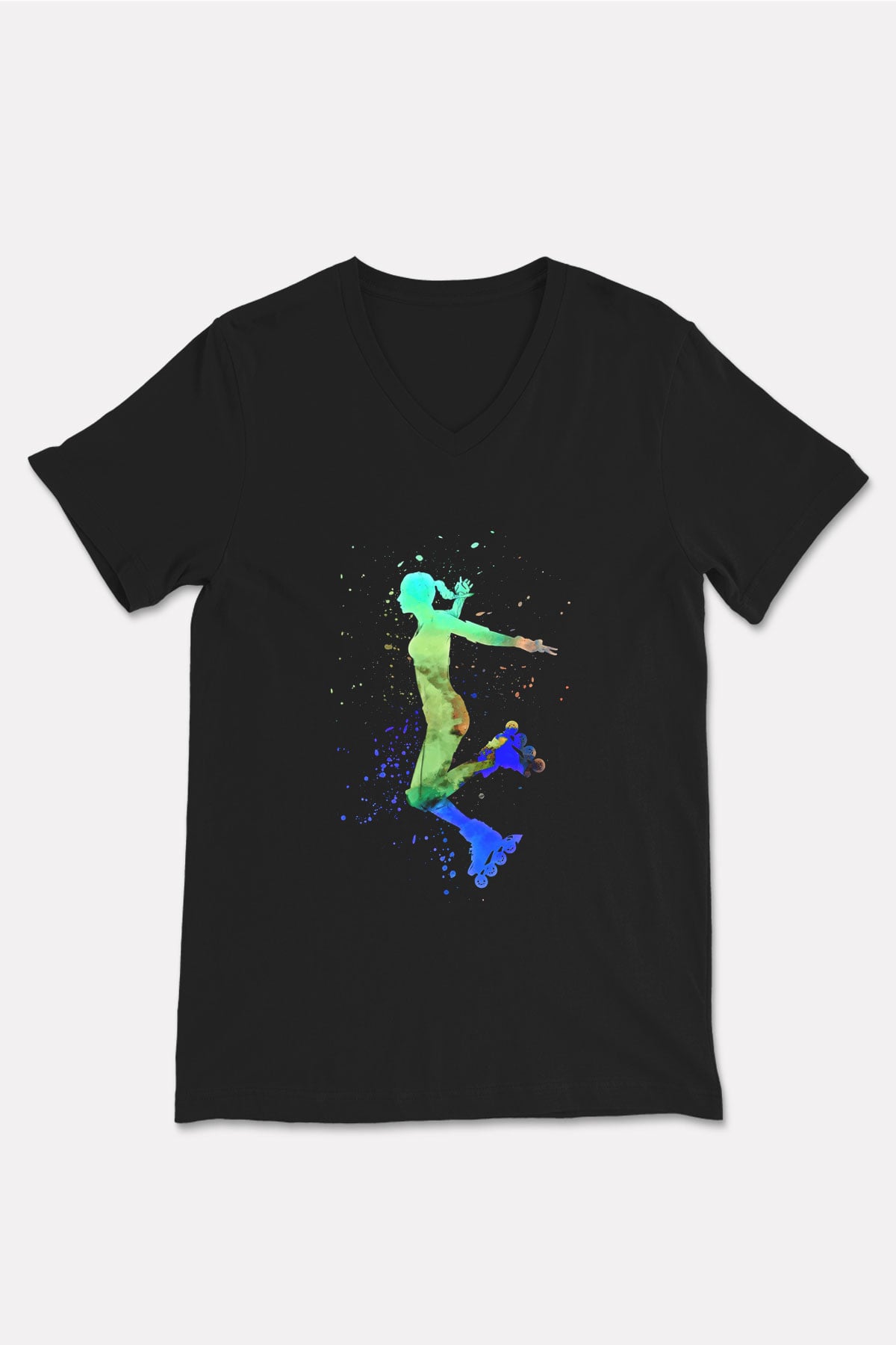 Paten Baskılı Unisex Siyah V Yaka Tişört