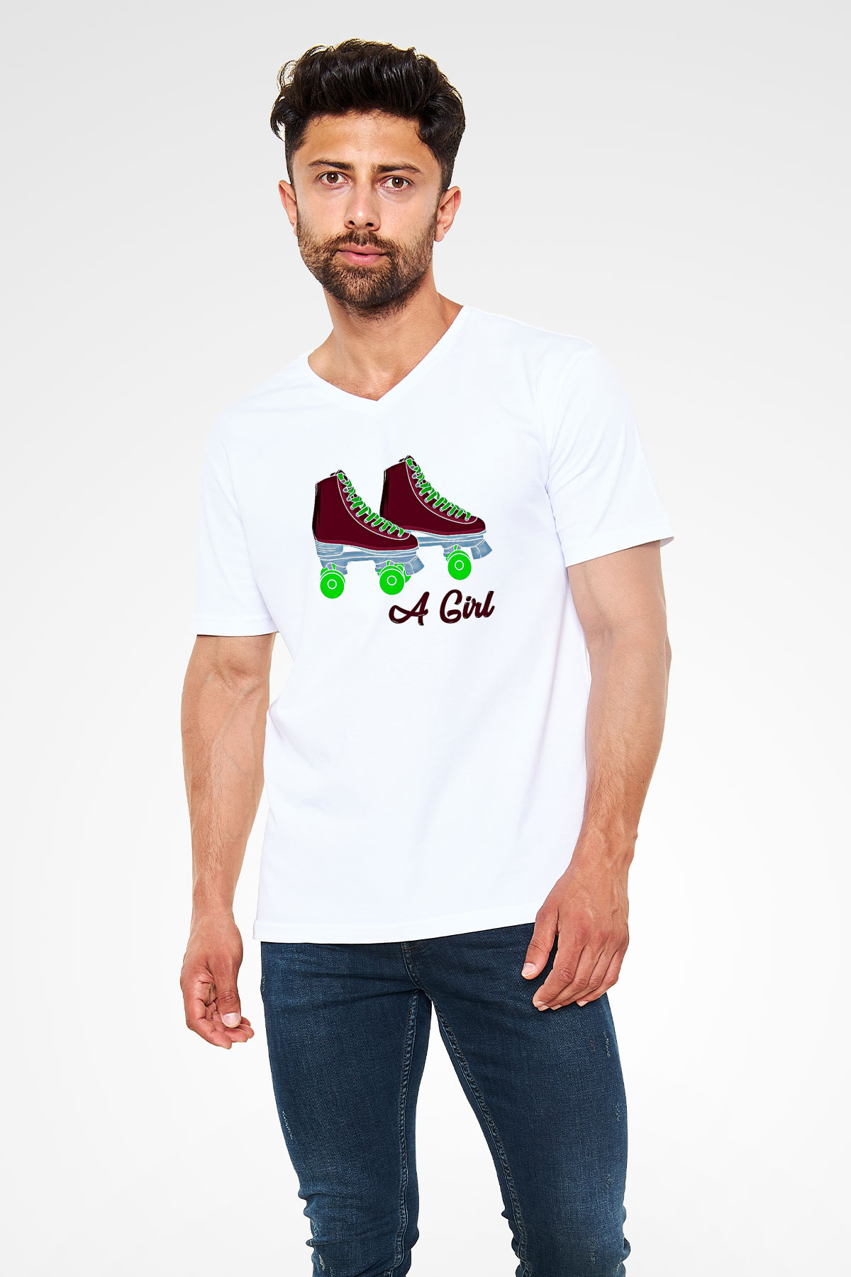Paten Baskılı Unisex V Yaka Tişört - Tshirt