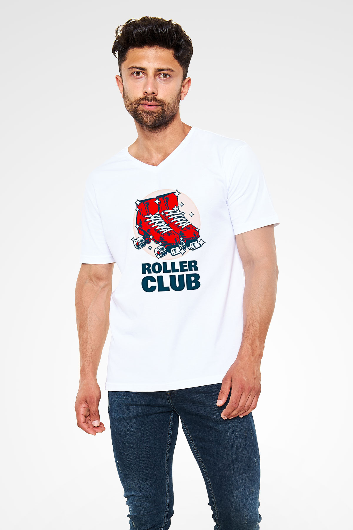 Paten Baskılı Unisex V Yaka Tişört - Tshirt