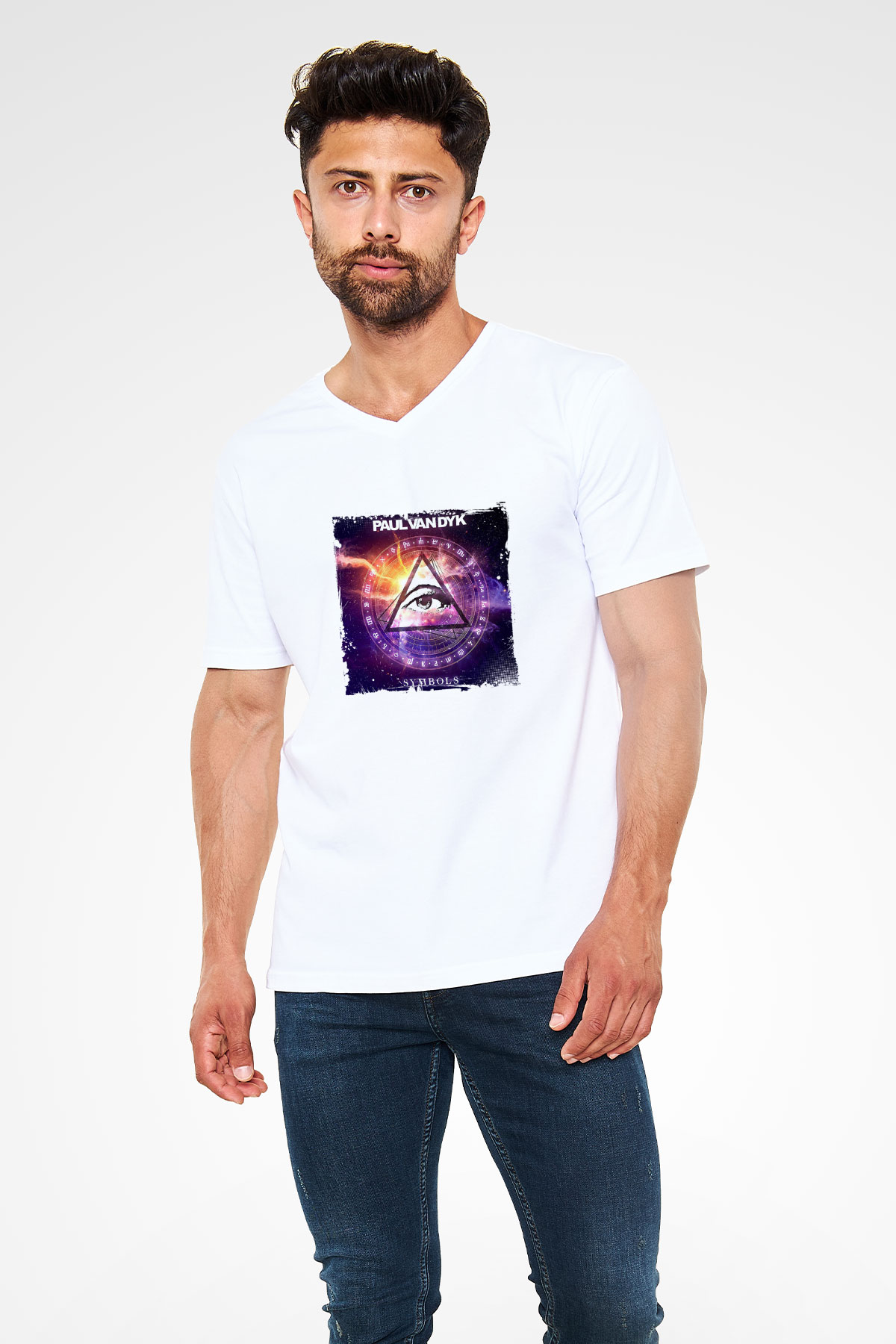 Paul Van Dyk Baskılı Beyaz V Yaka Unisex Tişört