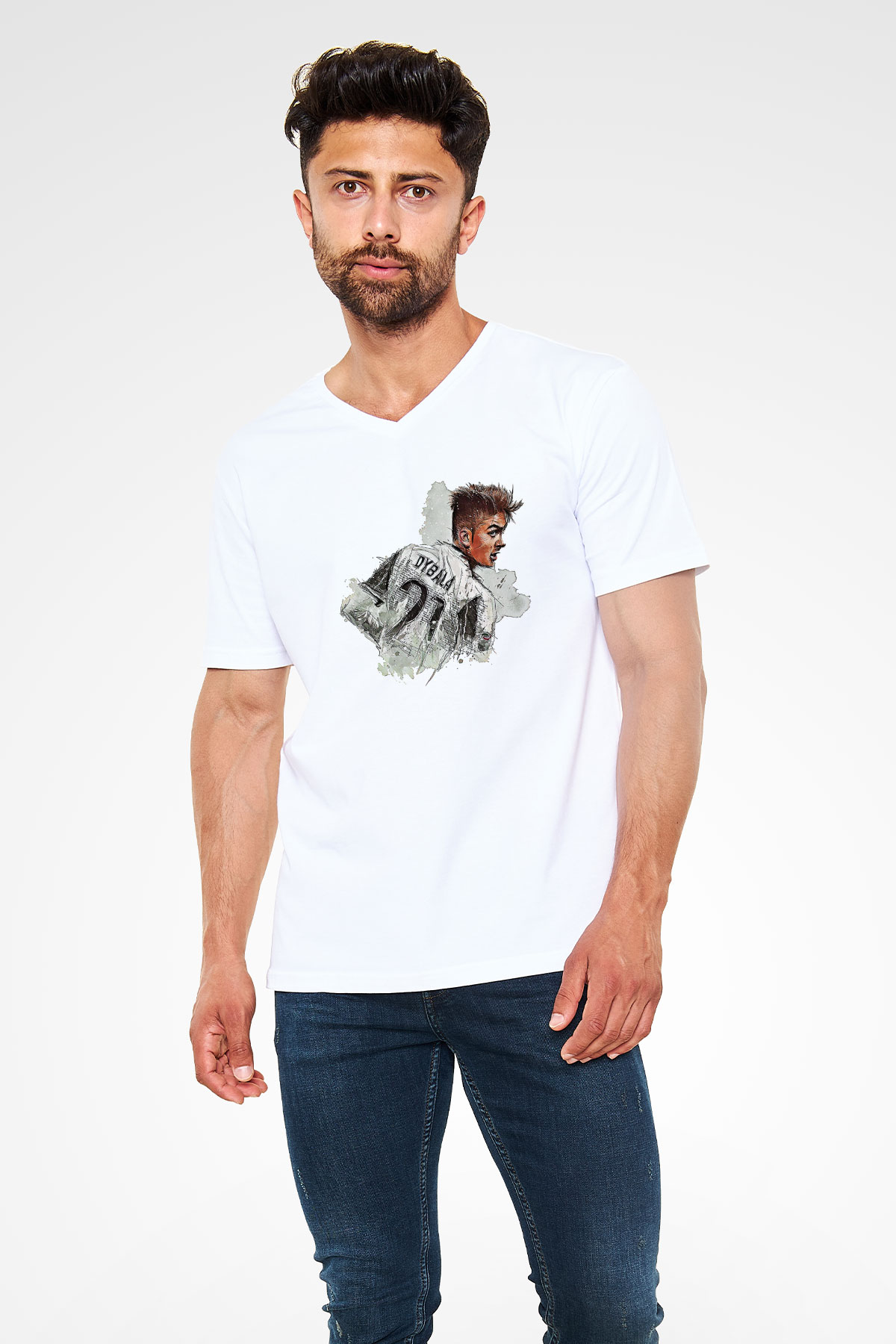 Paulo Dybala Baskılı Beyaz Unisex V Yaka Tişört - Tshirt