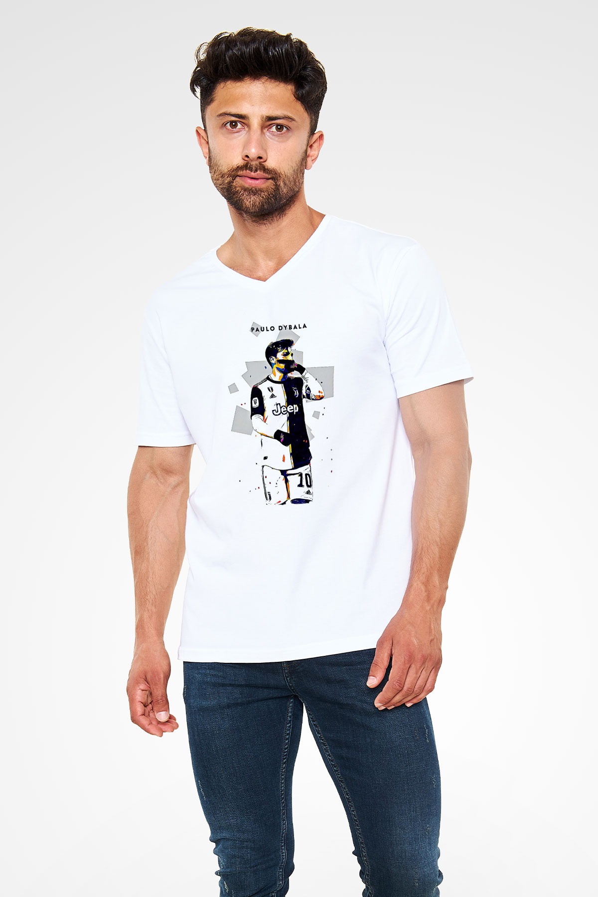Paulo Dybala Baskılı Beyaz Unisex V Yaka Tişört - Tshirt
