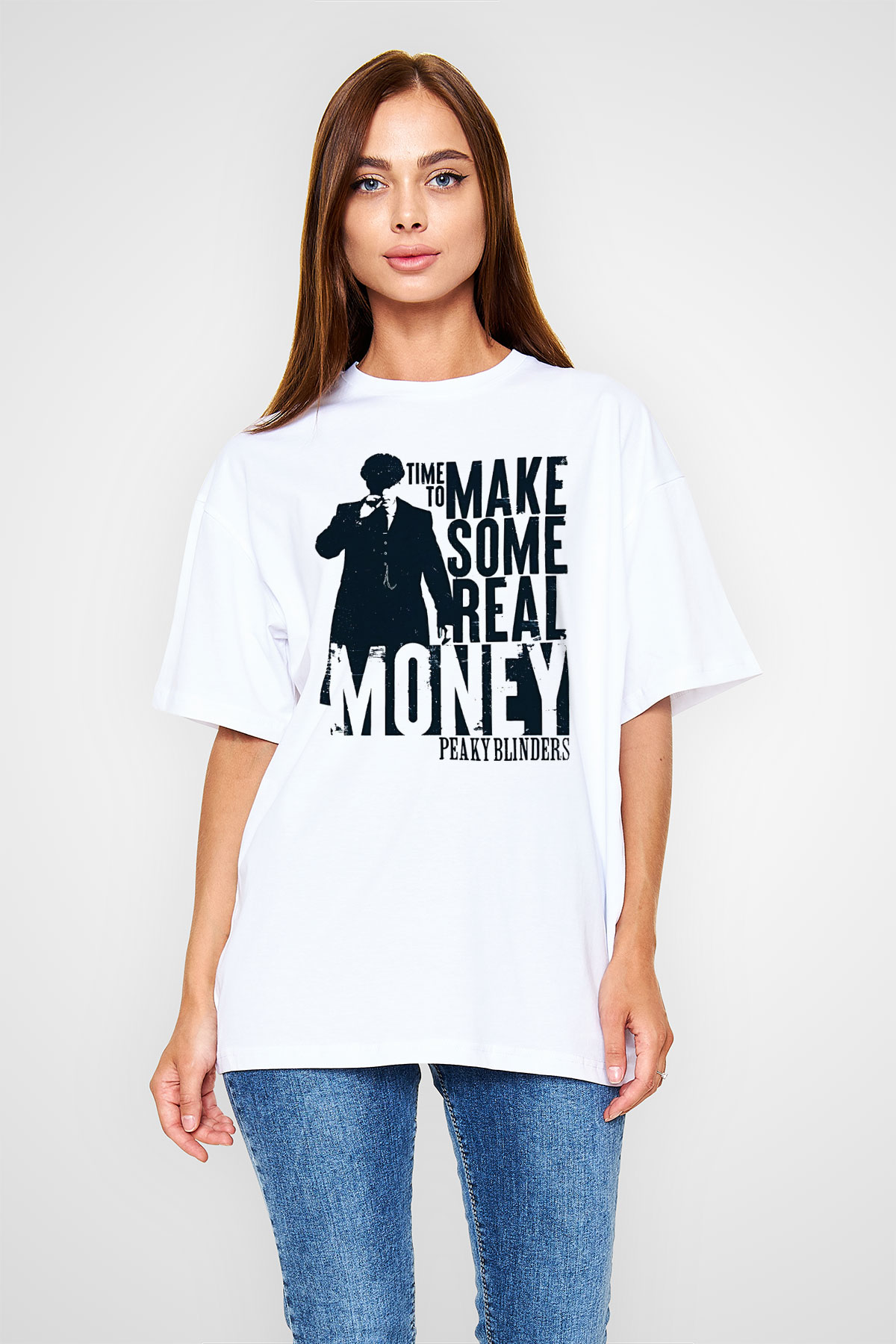 Peaky Blinders Baskılı Beyaz Unisex Oversize Tişört - Tshirt