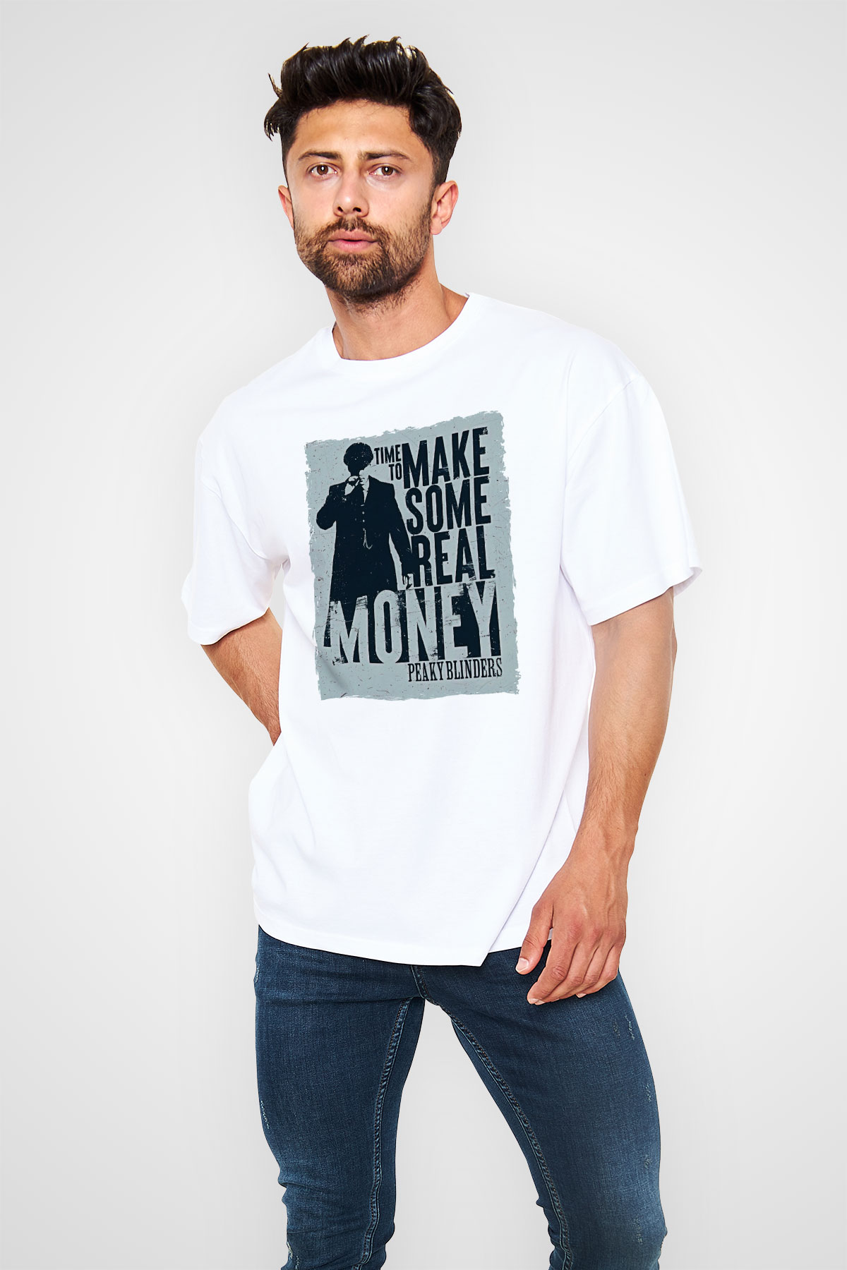 Peaky Blinders Baskılı Beyaz Unisex Oversize Tişört - Tshirt