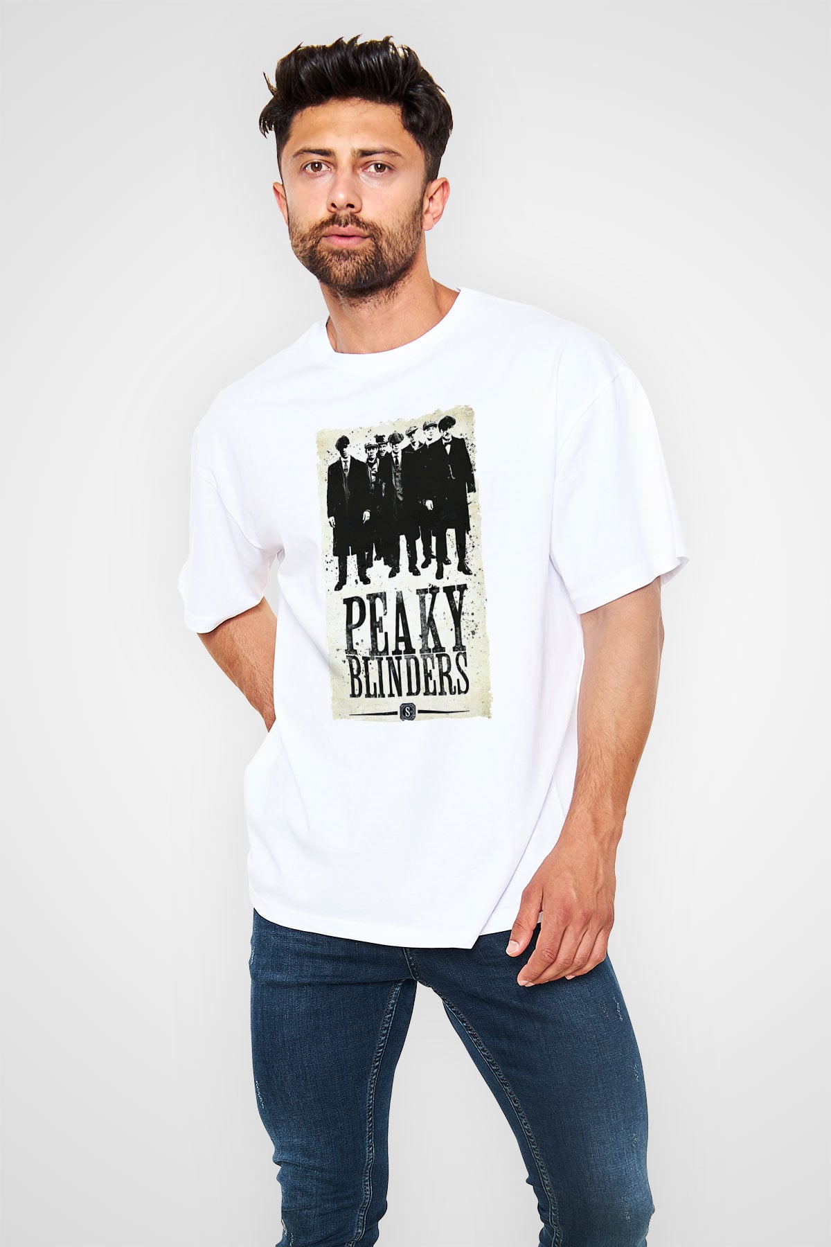 Peaky Blinders Baskılı Beyaz Unisex Oversize Tişört - Tshirt