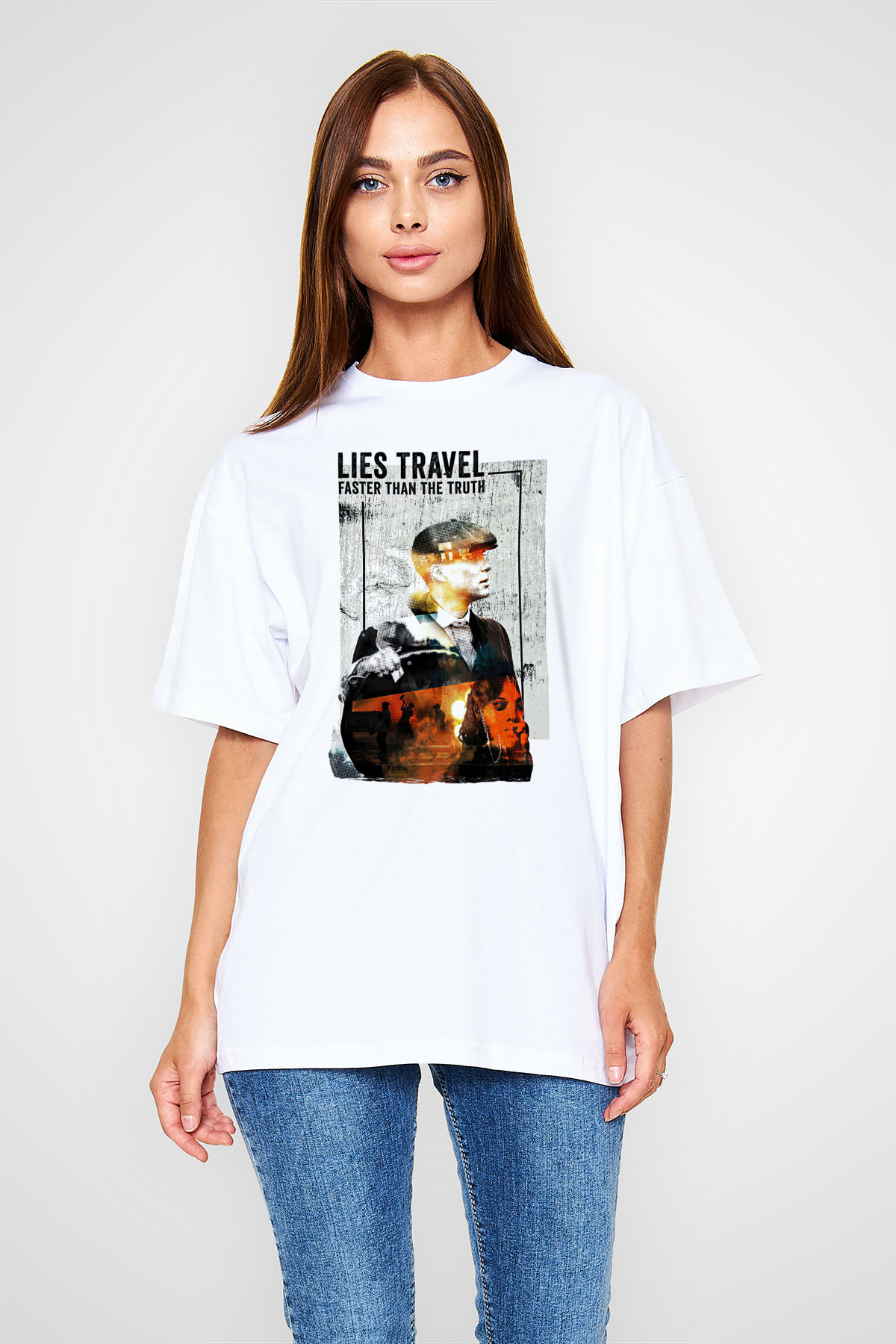 Peaky Blinders Baskılı Beyaz Unisex Oversize Tişört - Tshirt