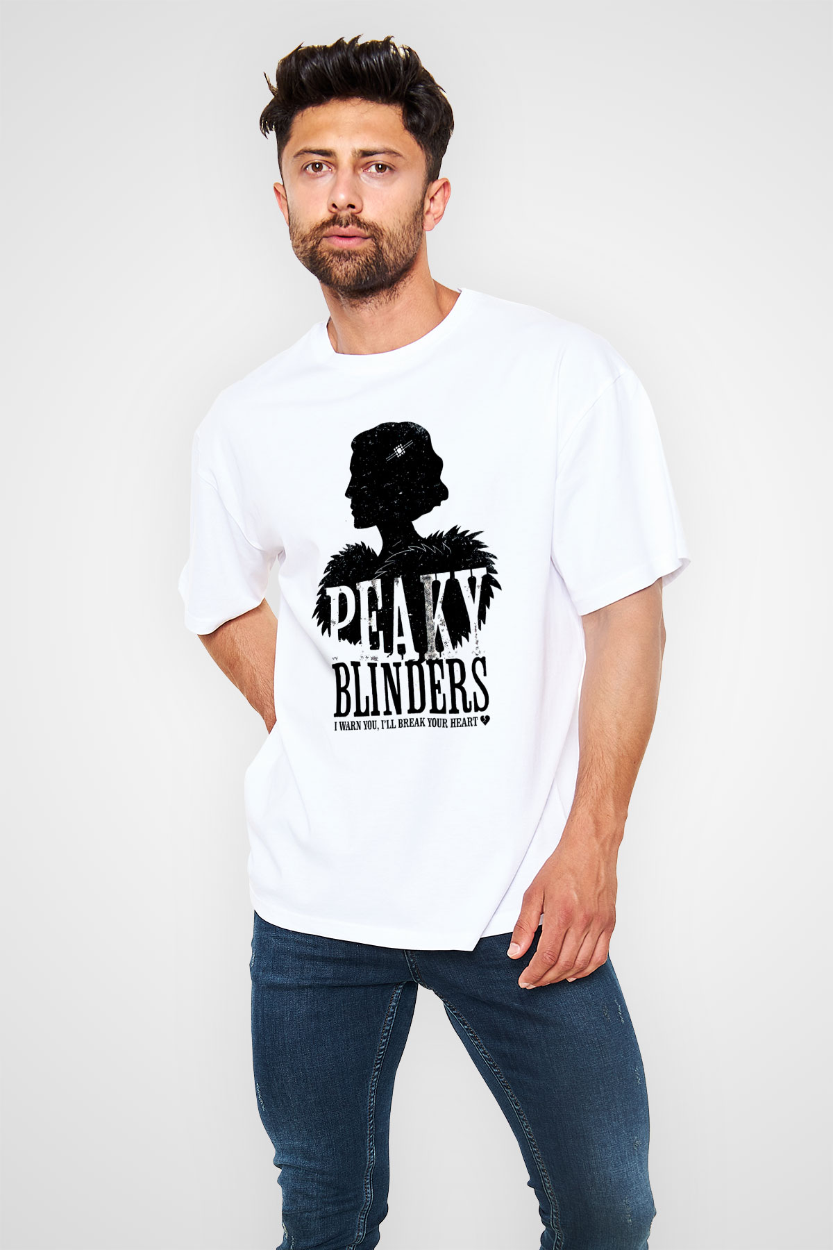 Peaky Blinders Baskılı Beyaz Unisex Oversize Tişört - Tshirt