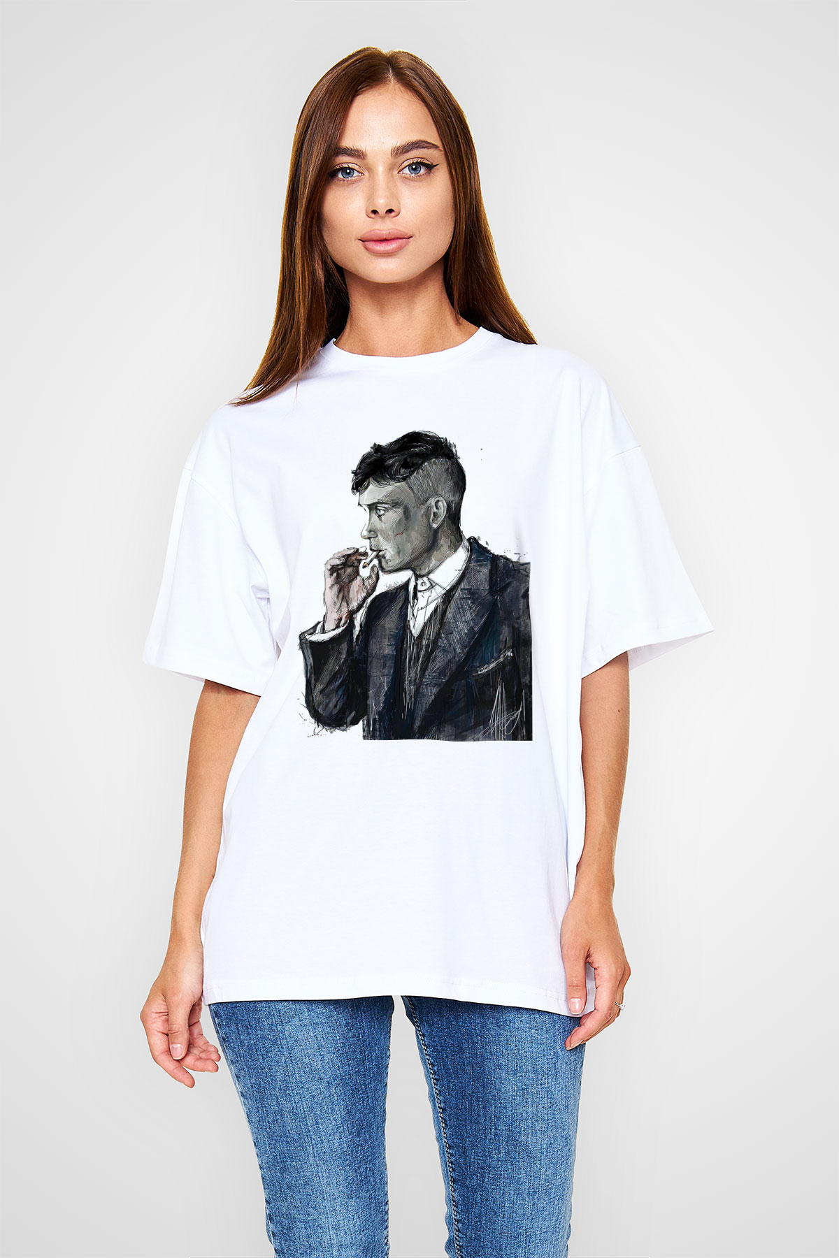 Peaky Blinders Baskılı Beyaz Unisex Oversize Tişört - Tshirt
