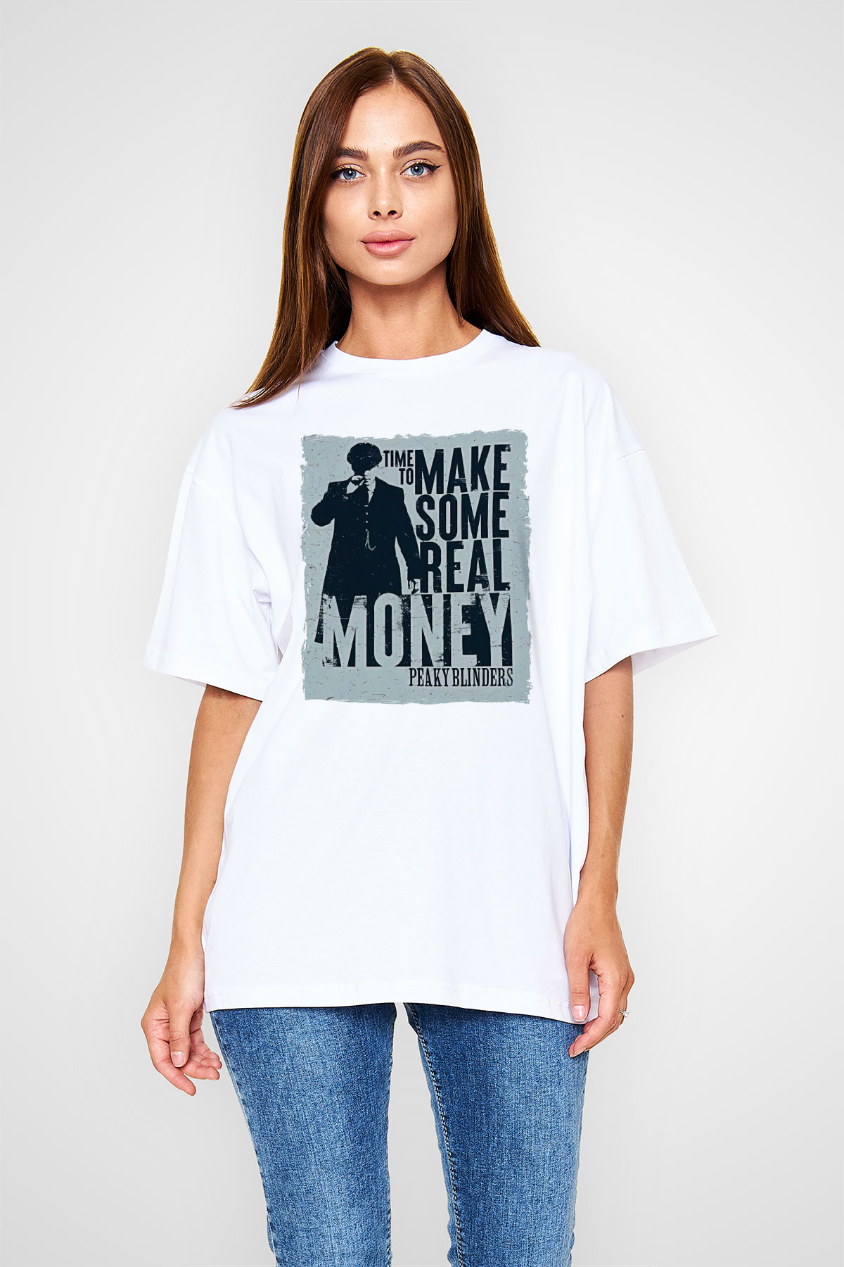 Peaky Blinders Baskılı Beyaz Unisex Oversize Tişört - Tshirt