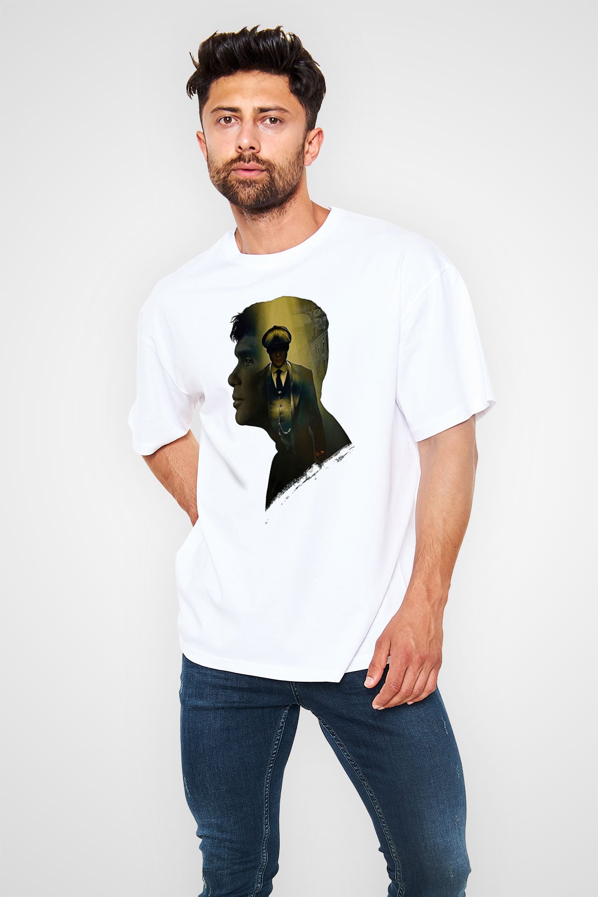 Peaky Blinders Baskılı Beyaz Unisex Oversize Tişört - Tshirt