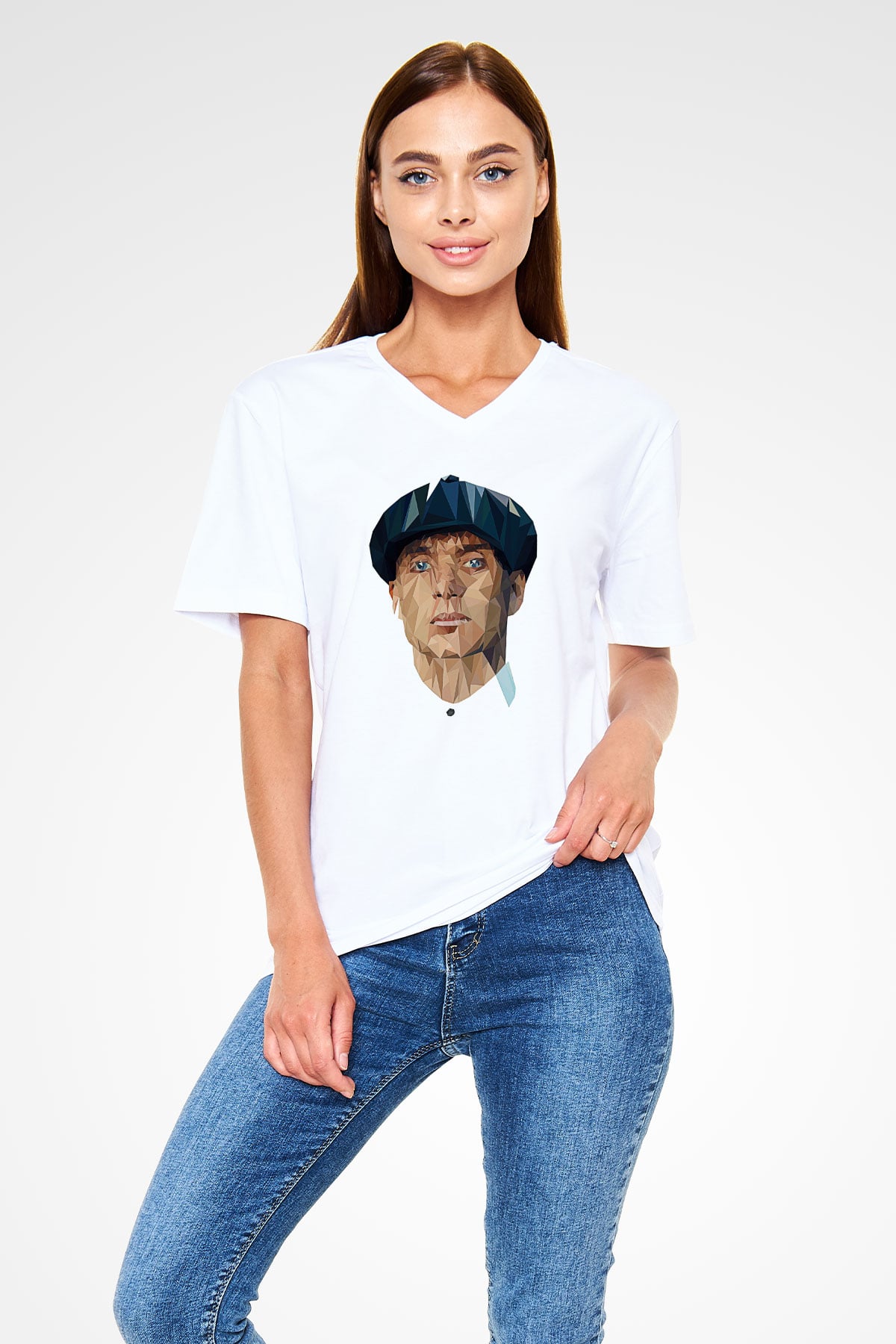 Peaky Blinders Baskılı Beyaz Unisex V Yaka Tişört - Tshirt