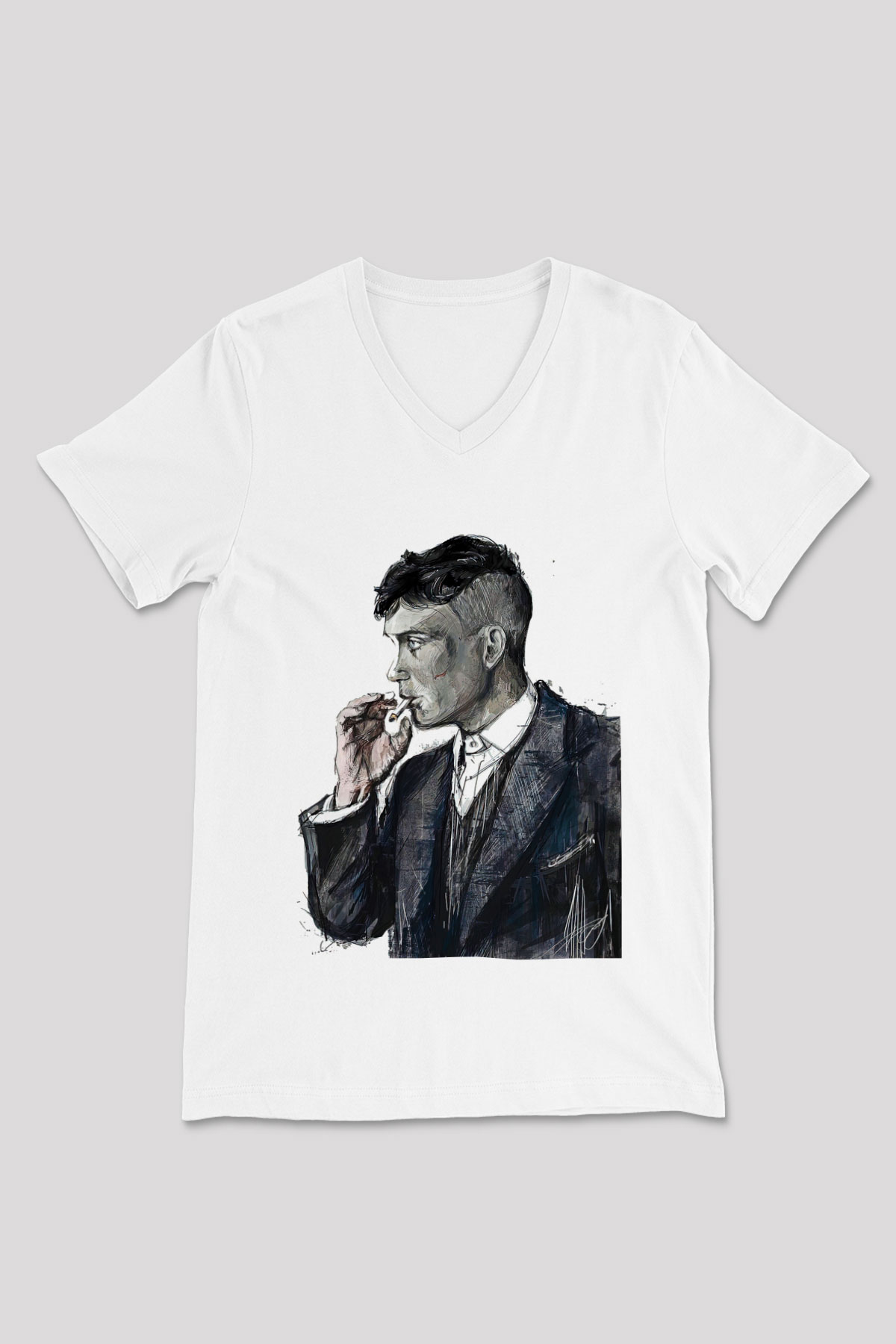 Peaky Blinders Baskılı Beyaz Unisex V Yaka Tişört - Tshirt