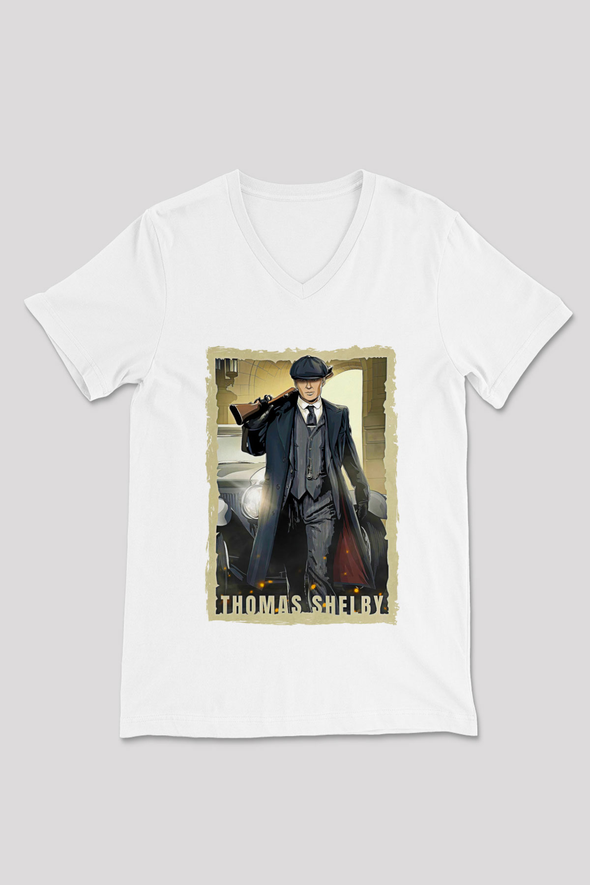 Peaky Blinders Baskılı Beyaz Unisex V Yaka Tişört - Tshirt