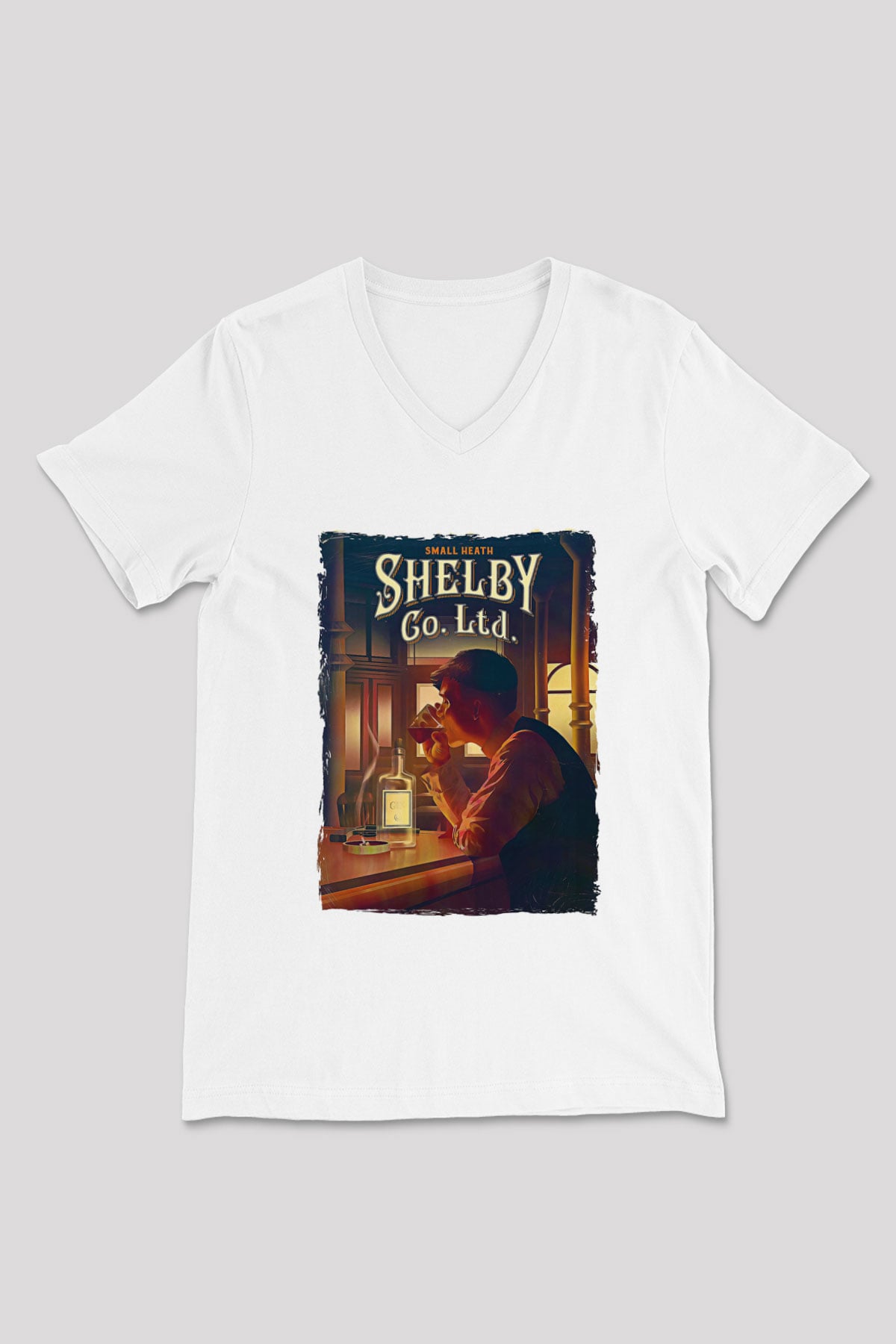 Peaky Blinders Baskılı Beyaz Unisex V Yaka Tişört - Tshirt