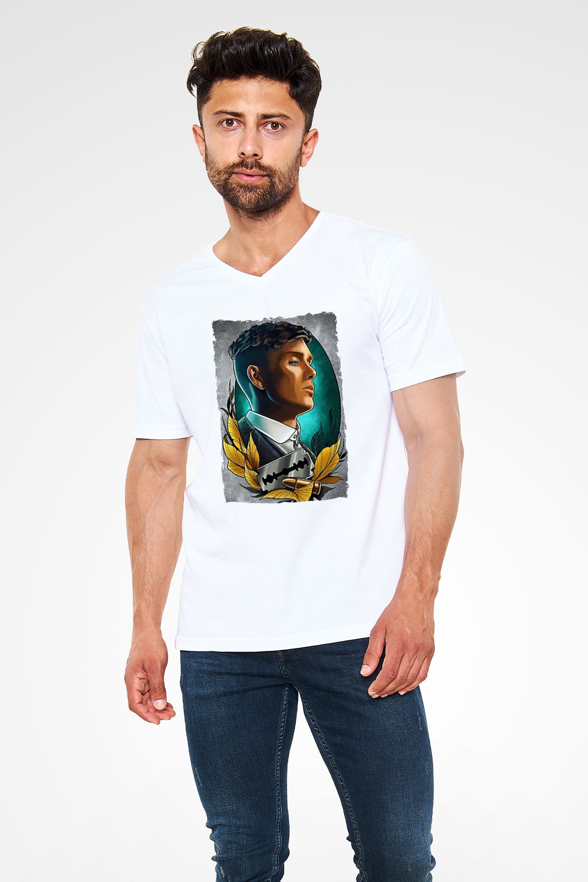 Peaky Blinders Baskılı Beyaz Unisex V Yaka Tişört - Tshirt