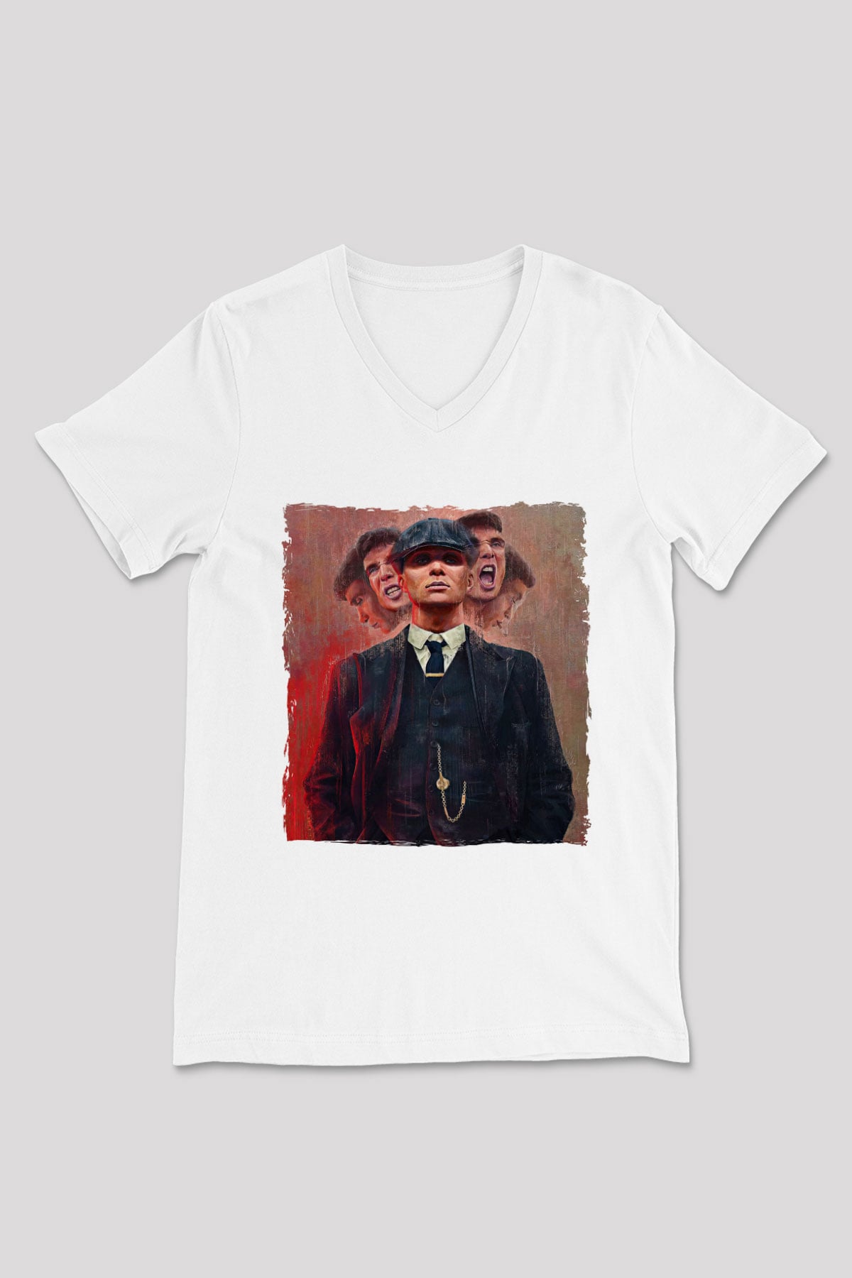 Peaky Blinders Baskılı Beyaz Unisex V Yaka Tişört - Tshirt
