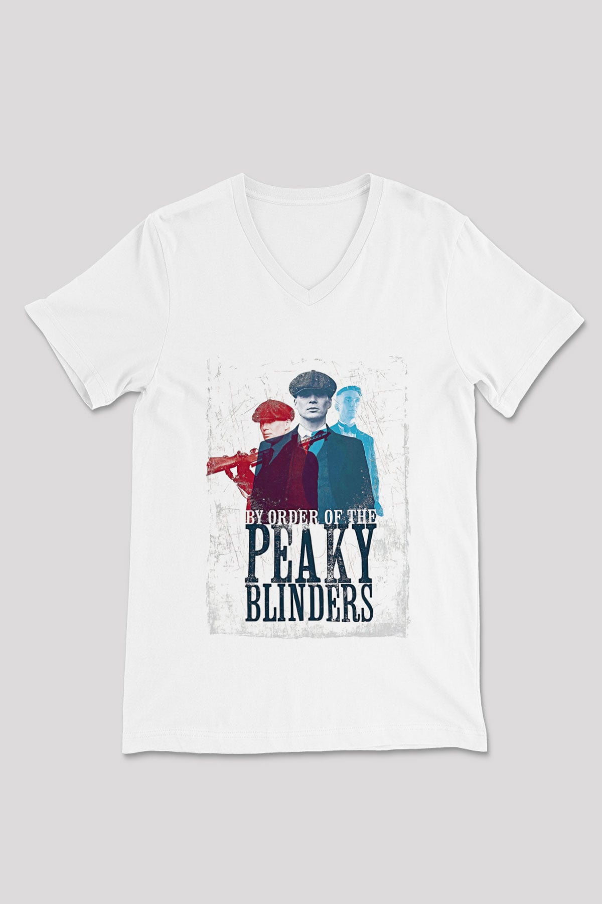 Peaky Blinders Baskılı Beyaz Unisex V Yaka Tişört - Tshirt