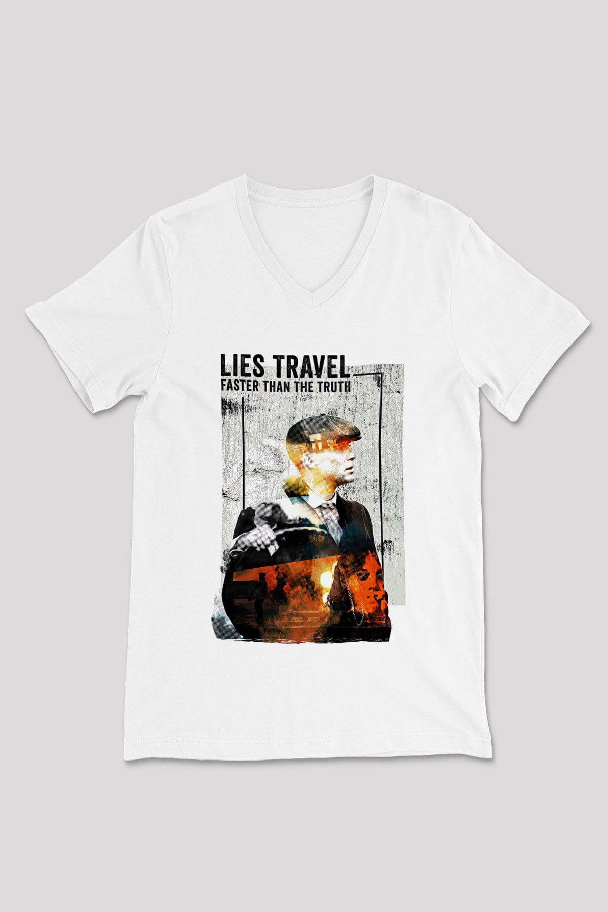 Peaky Blinders Baskılı Beyaz Unisex V Yaka Tişört - Tshirt