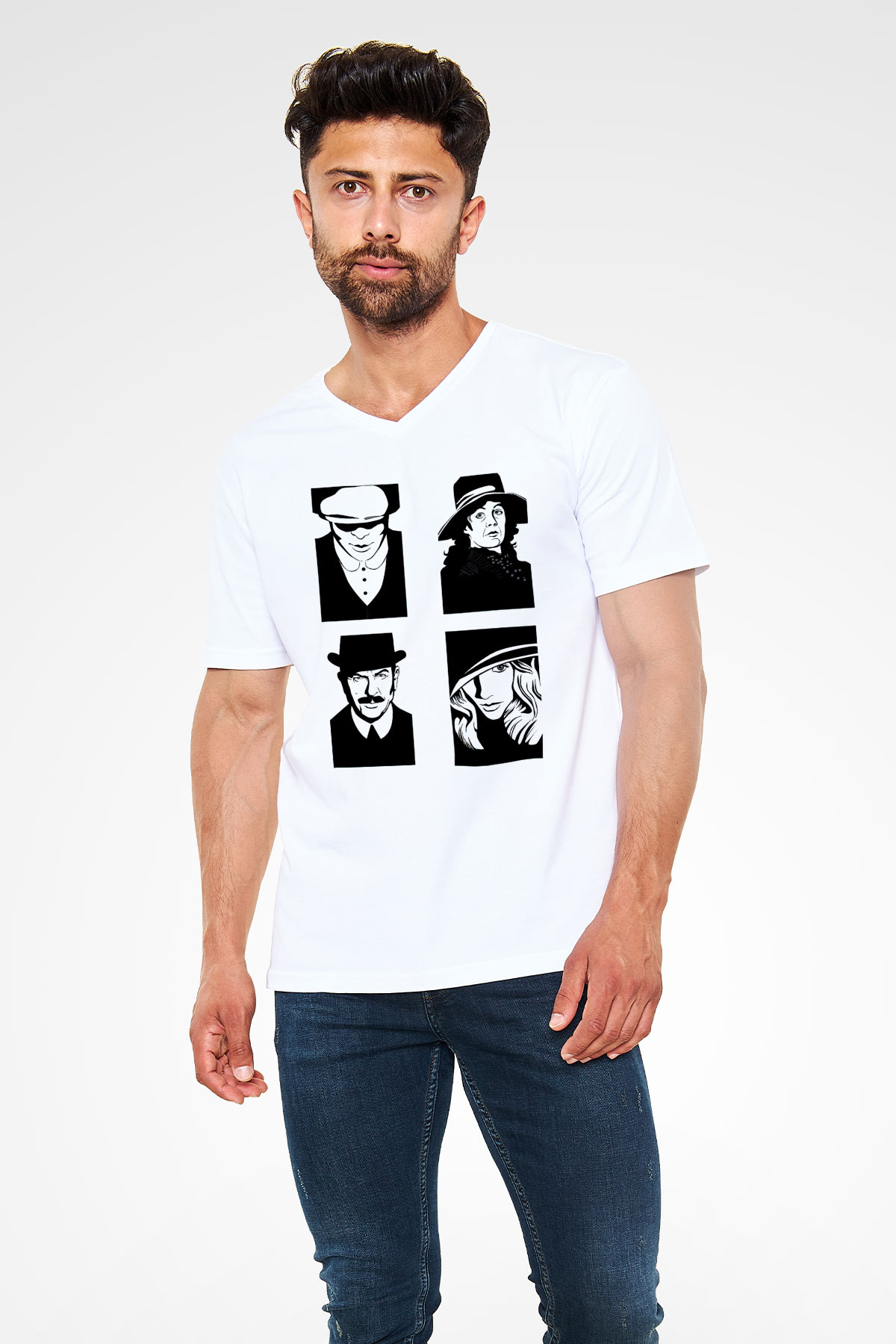 Peaky Blinders Baskılı Beyaz Unisex V Yaka Tişört - Tshirt