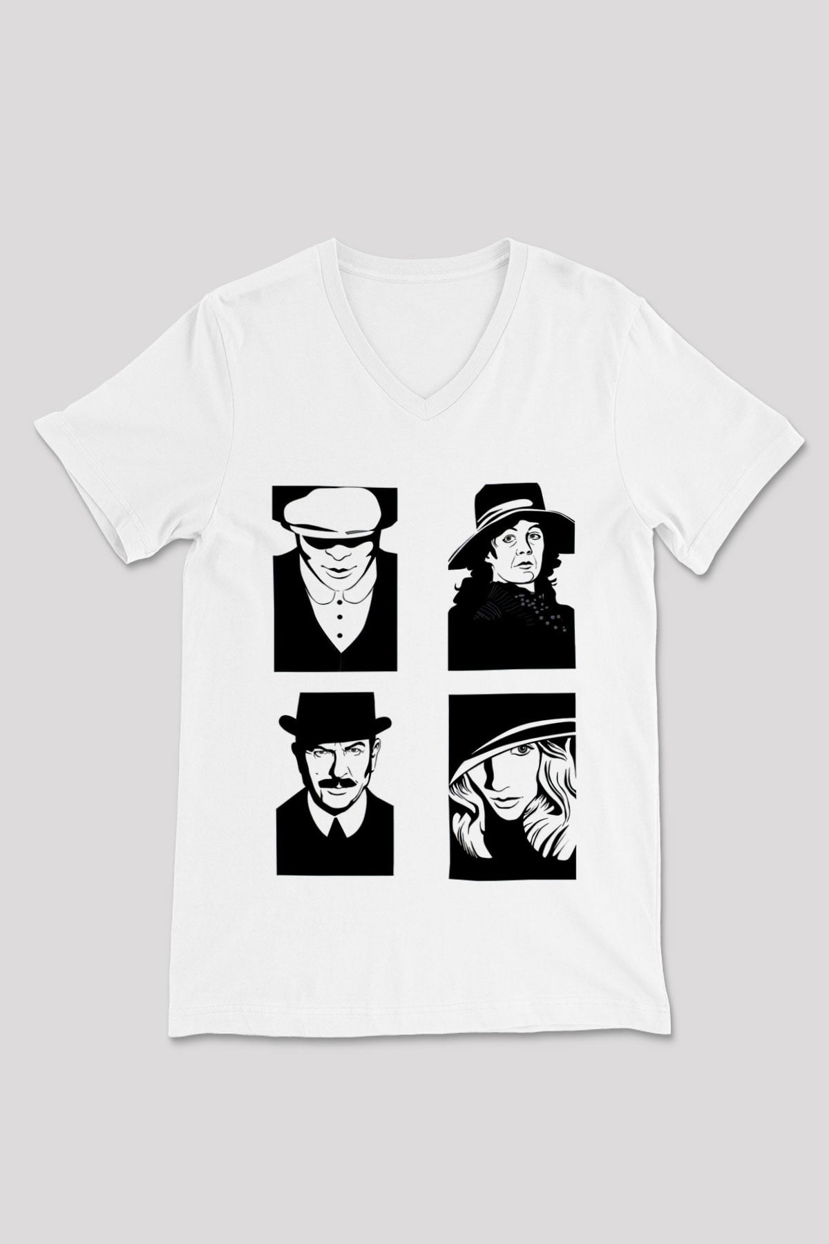 Peaky Blinders Baskılı Beyaz Unisex V Yaka Tişört - Tshirt