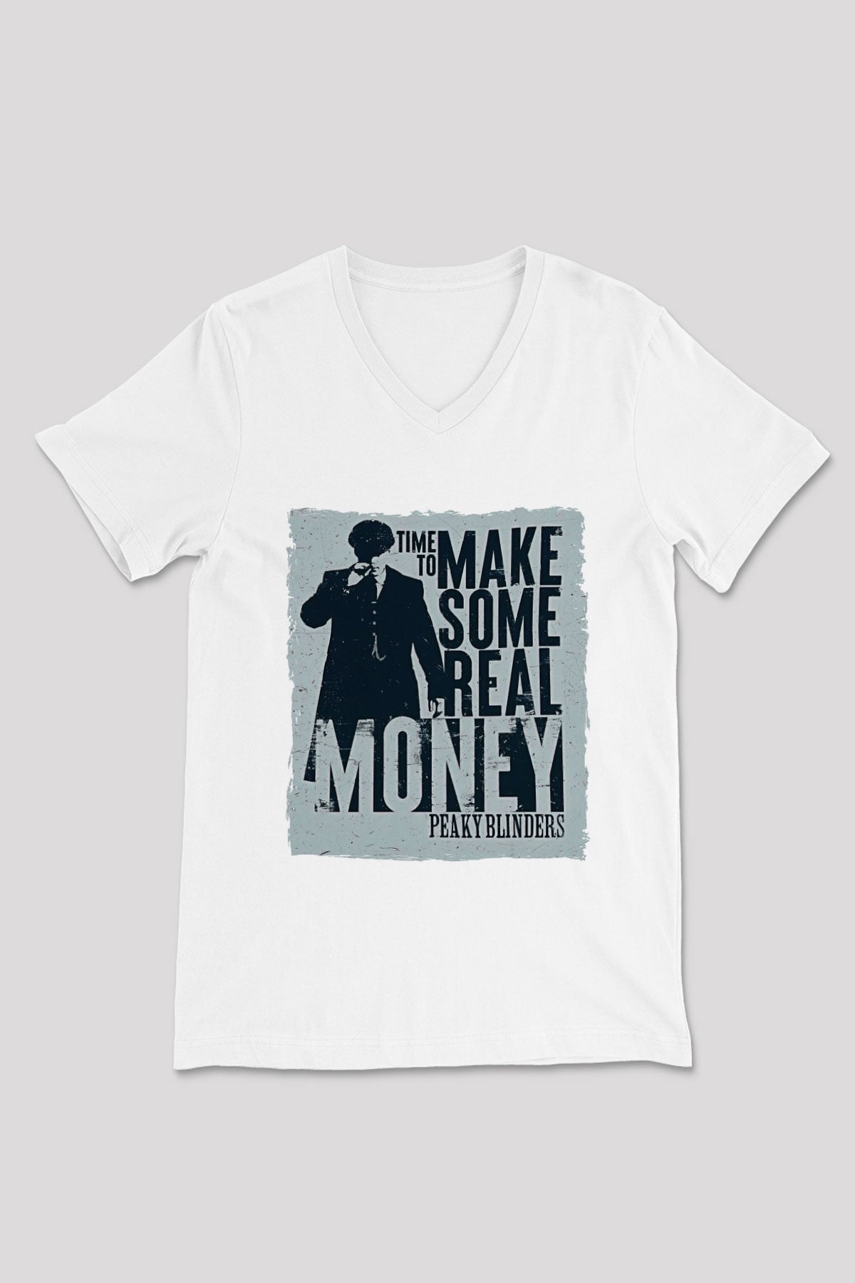 Peaky Blinders Baskılı Beyaz Unisex V Yaka Tişört - Tshirt