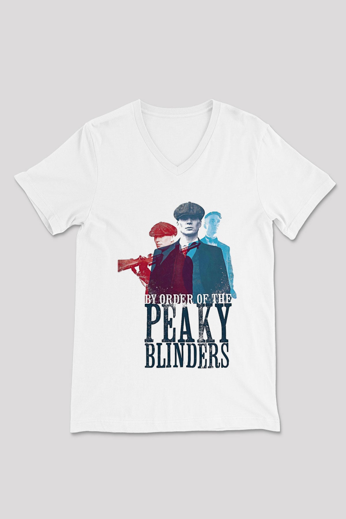 Peaky Blinders Baskılı Beyaz Unisex V Yaka Tişört - Tshirt