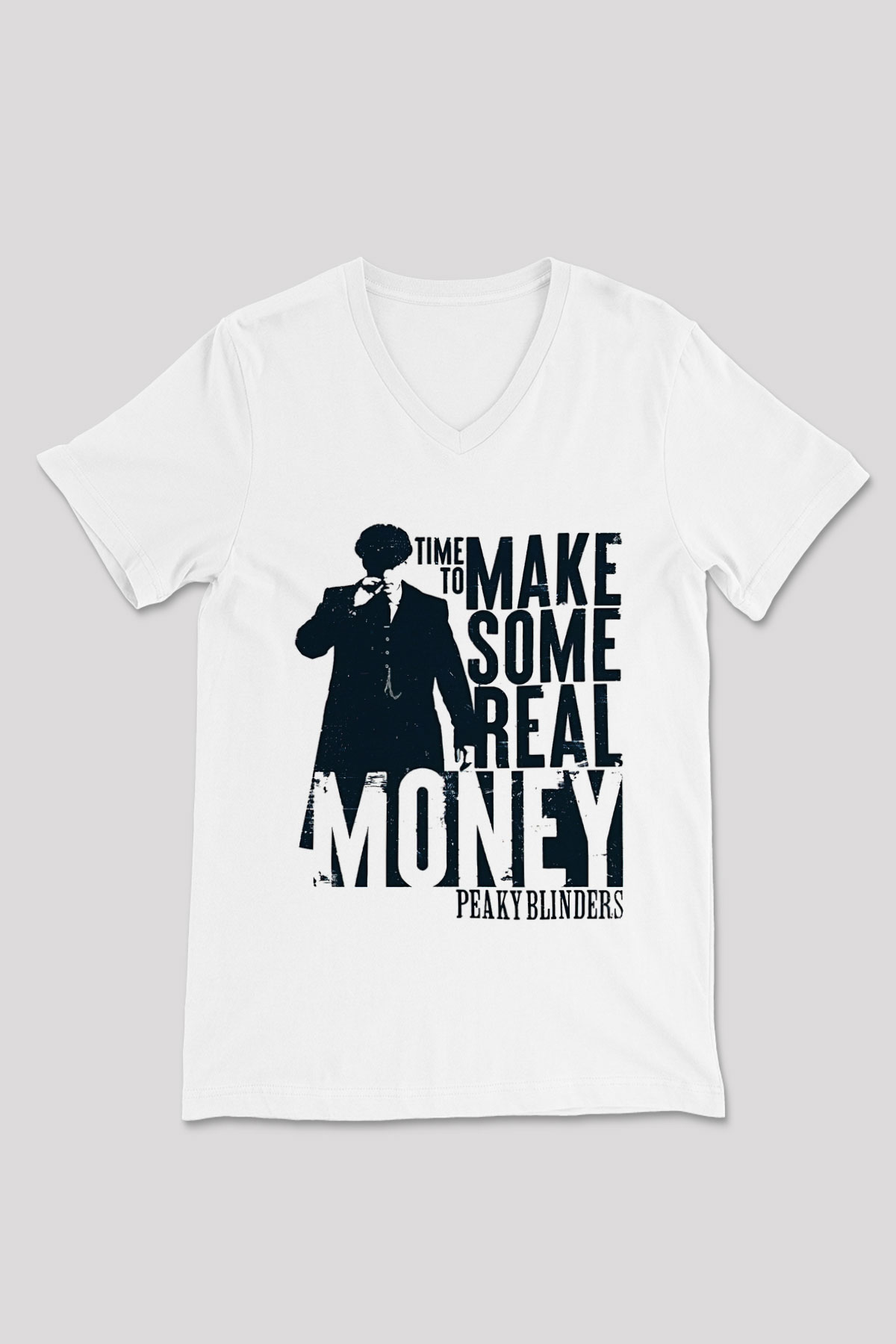 Peaky Blinders Baskılı Beyaz Unisex V Yaka Tişört - Tshirt