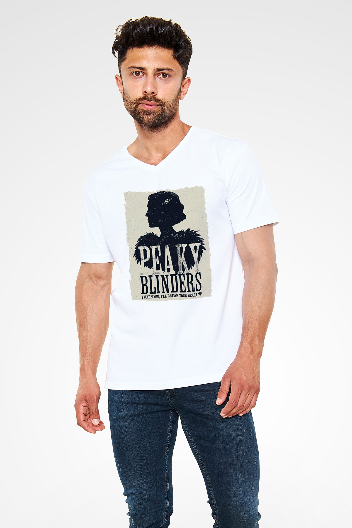 Peaky Blinders Baskılı Beyaz Unisex V Yaka Tişört - Tshirt