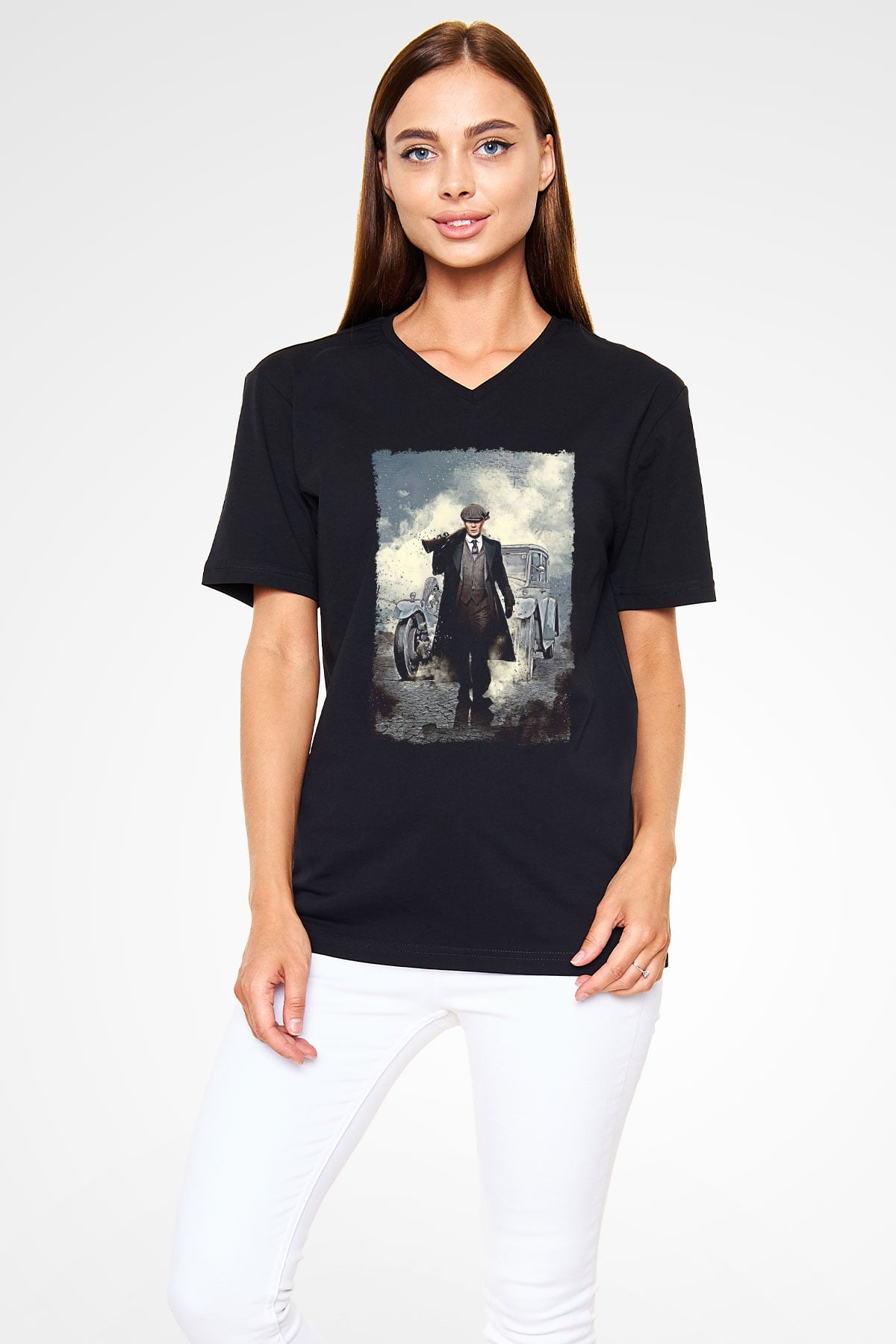 Peaky Blinders Baskılı Unisex Siyah V Yaka Tişört - Tshirt