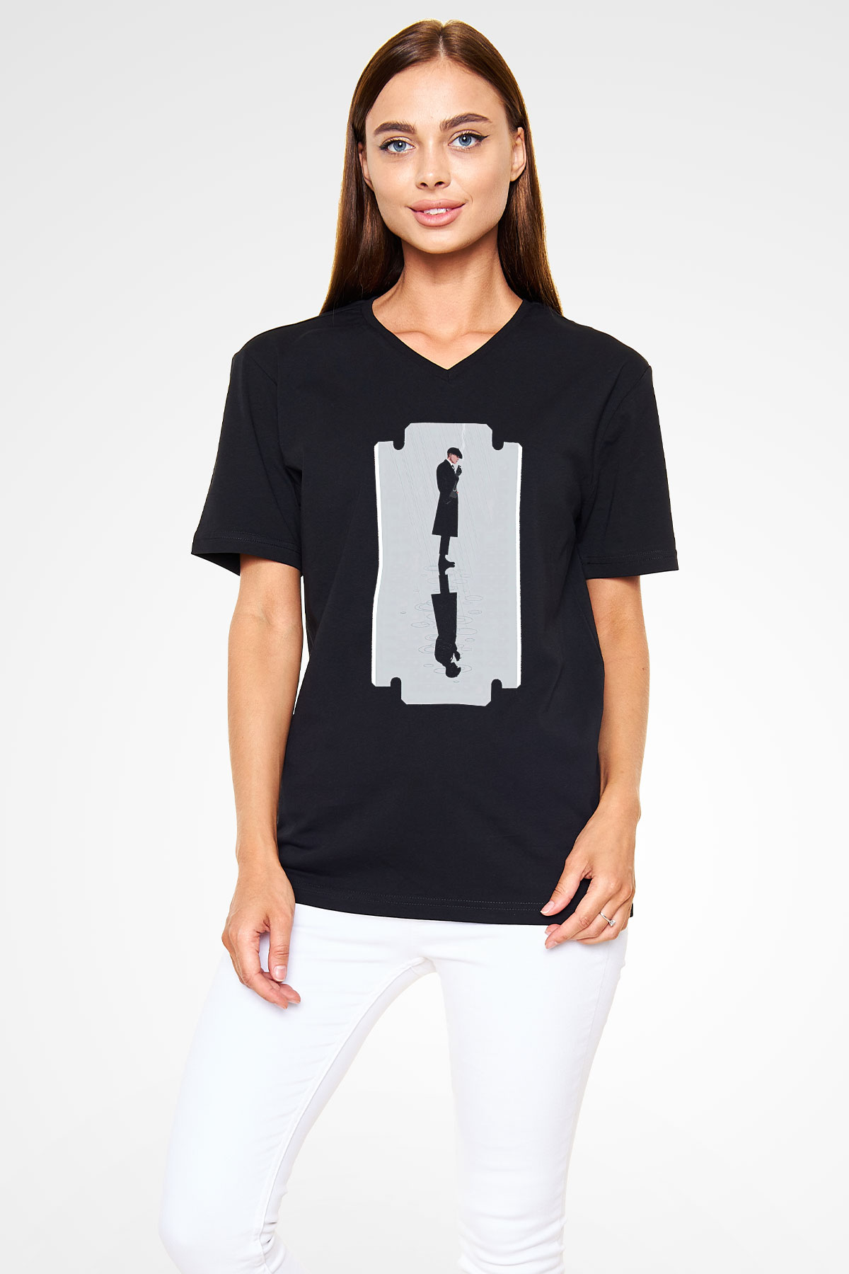 Peaky Blinders Baskılı Unisex Siyah V Yaka Tişört - Tshirt