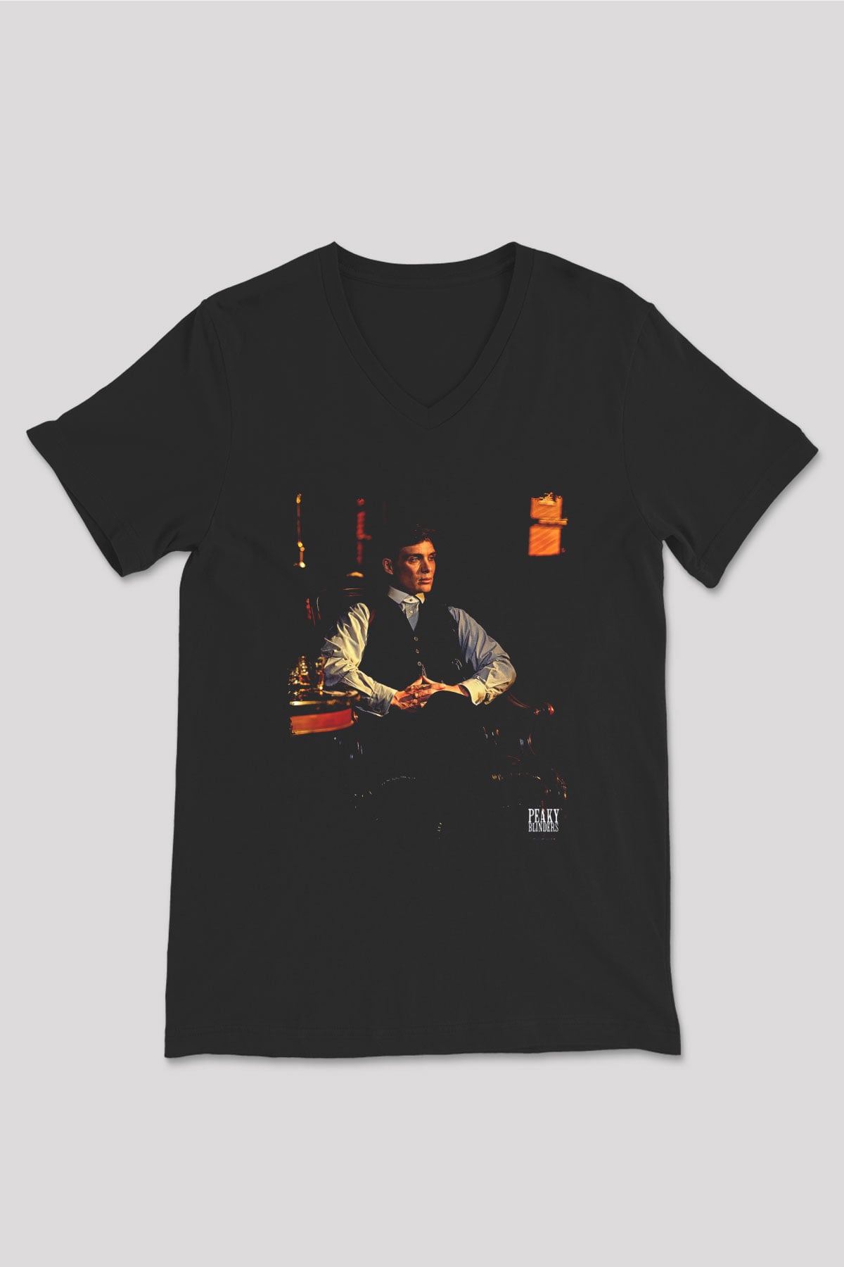 Peaky Blinders Baskılı Unisex Siyah V Yaka Tişört - Tshirt