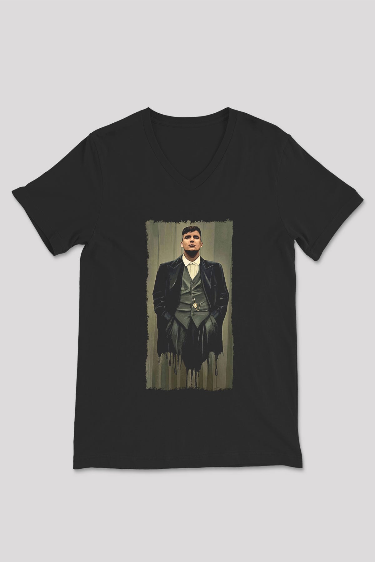 Peaky Blinders Baskılı Unisex Siyah V Yaka Tişört - Tshirt