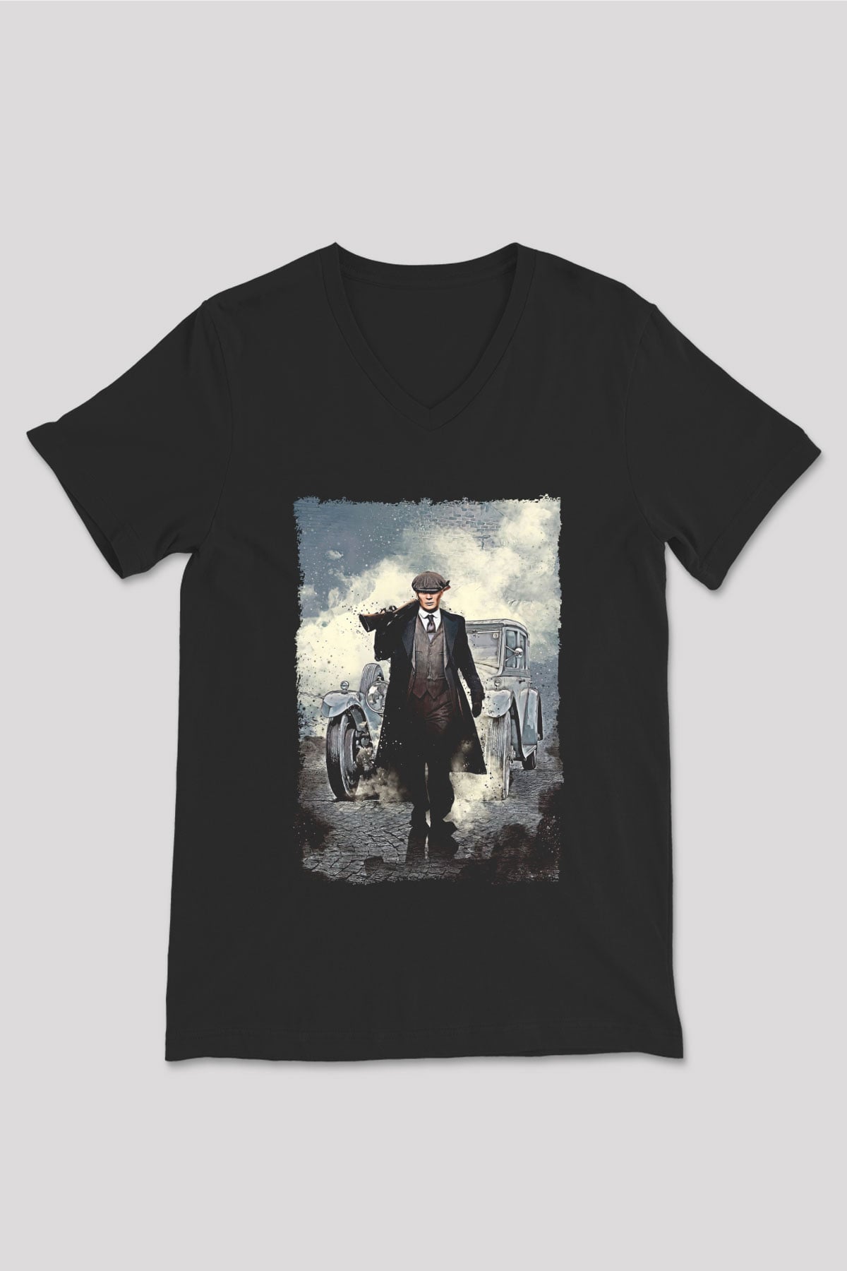Peaky Blinders Baskılı Unisex Siyah V Yaka Tişört - Tshirt