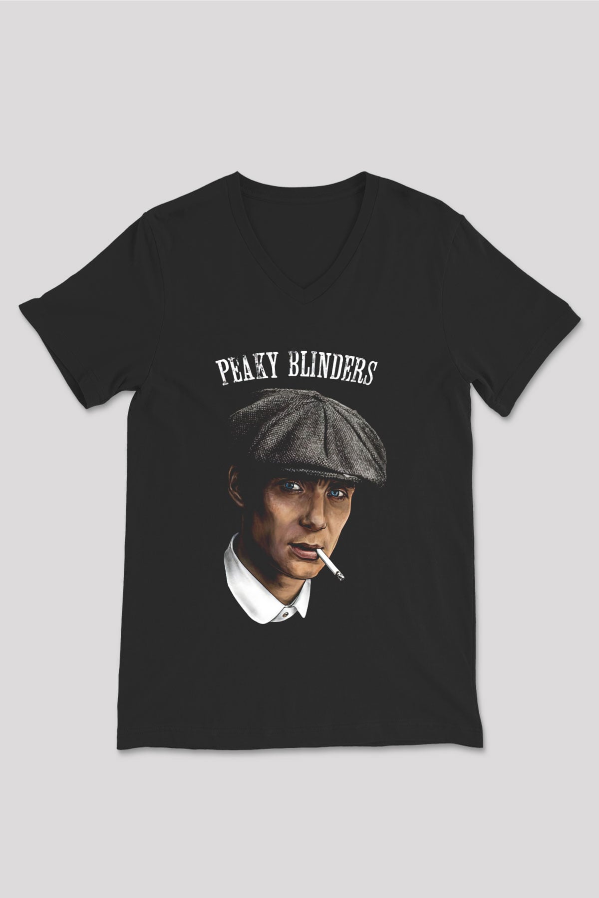Peaky Blinders Baskılı Unisex Siyah V Yaka Tişört - Tshirt