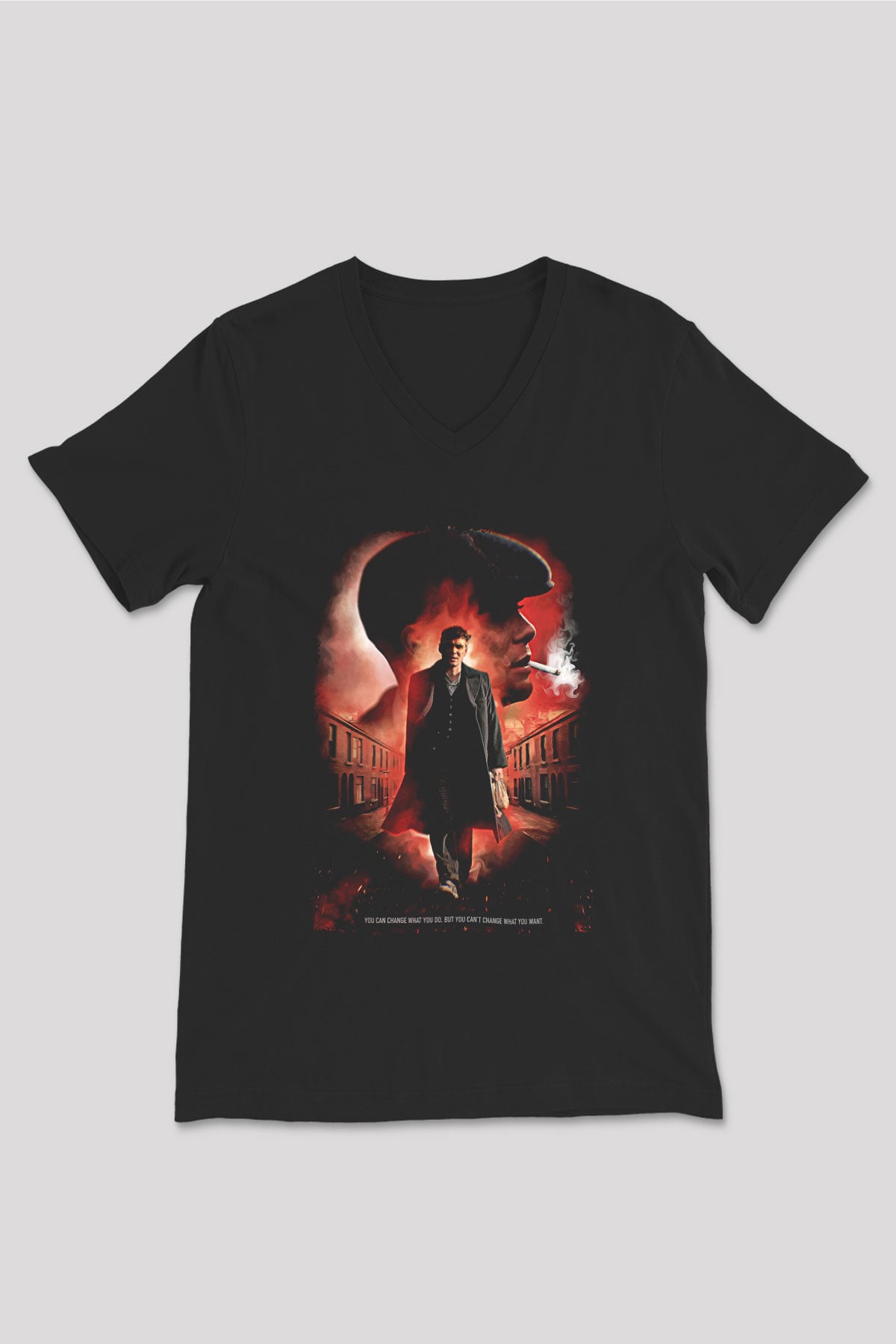 Peaky Blinders Baskılı Unisex Siyah V Yaka Tişört - Tshirt