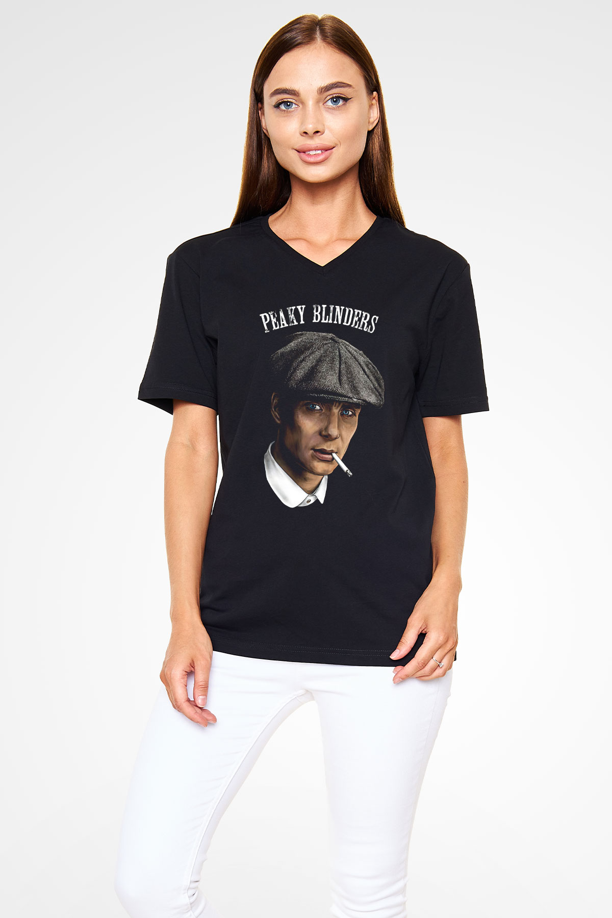 Peaky Blinders Baskılı Unisex Siyah V Yaka Tişört - Tshirt