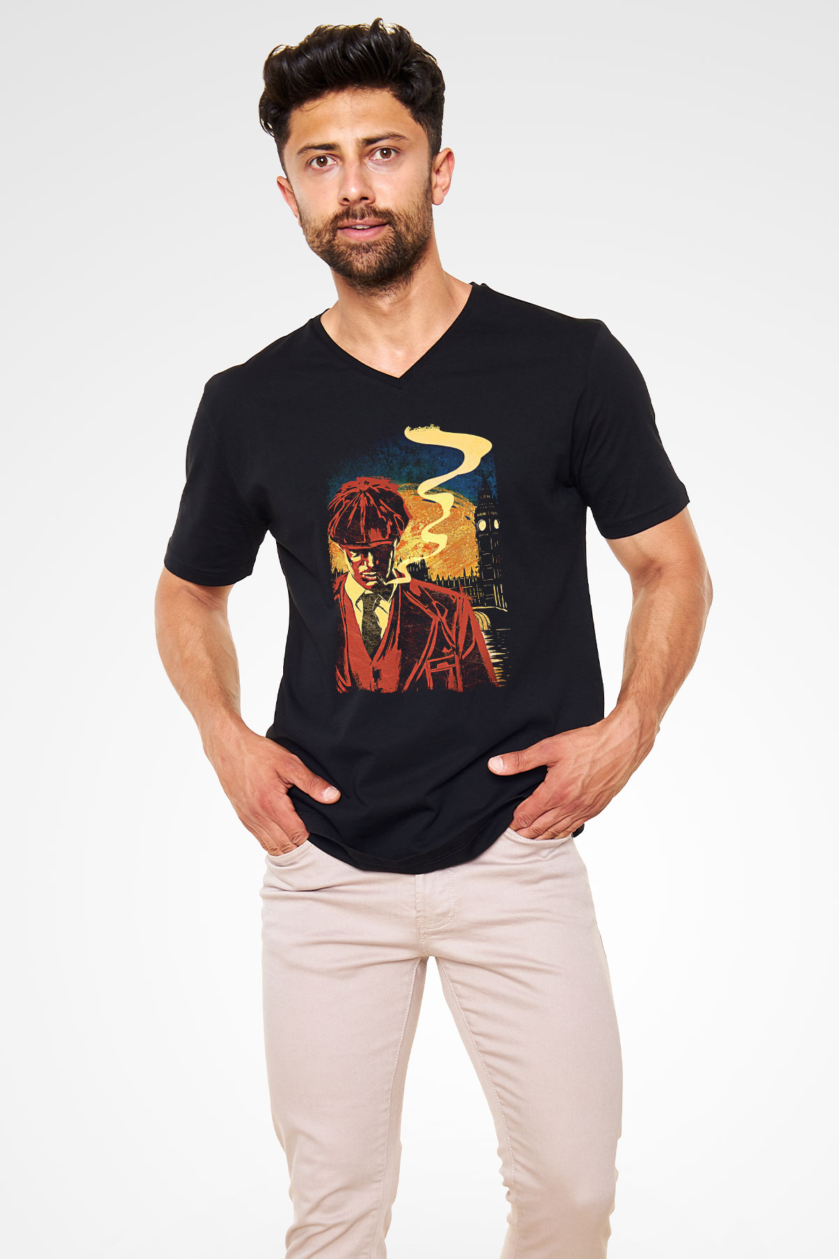 Peaky Blinders Baskılı Unisex Siyah V Yaka Tişört - Tshirt
