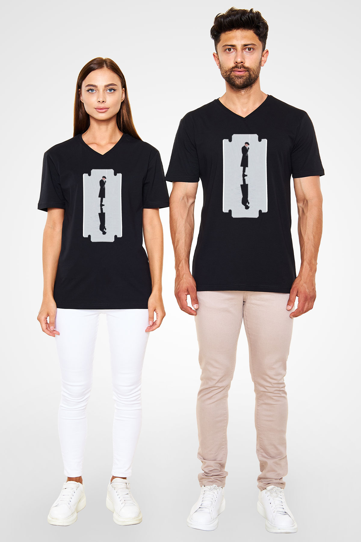 Peaky Blinders Baskılı Unisex Siyah V Yaka Tişört - Tshirt