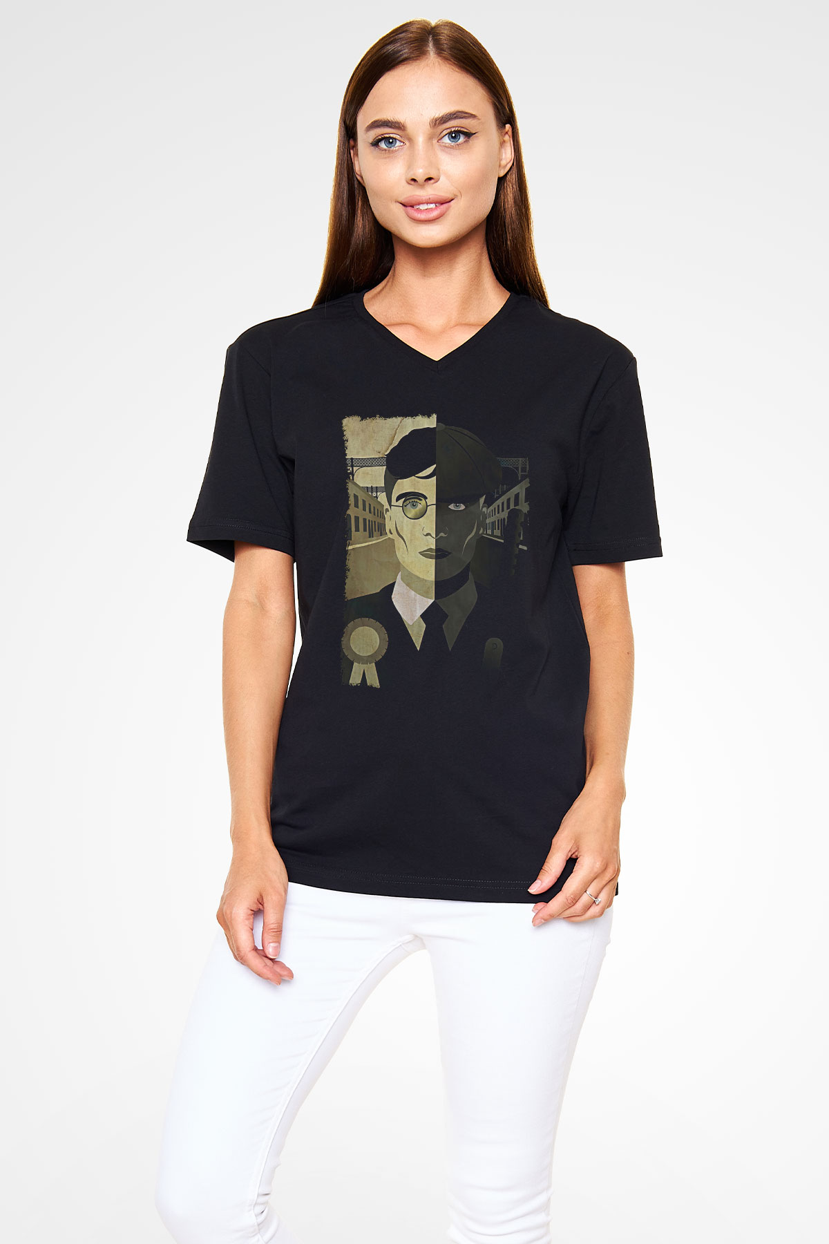 Peaky Blinders Baskılı Unisex Siyah V Yaka Tişört - Tshirt
