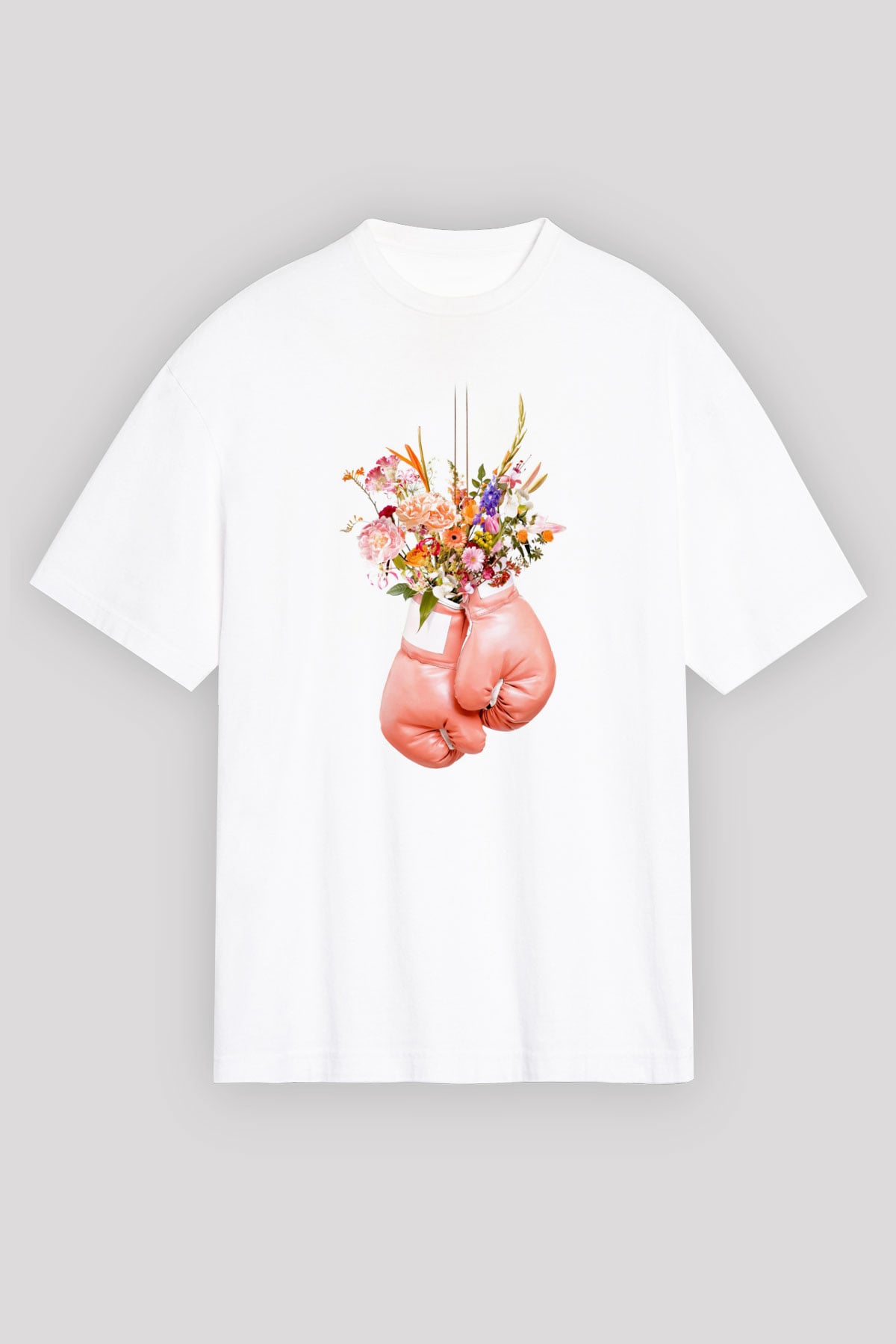 Pembe Boks Eldiveni Baskılı Unisex Beyaz Tişört