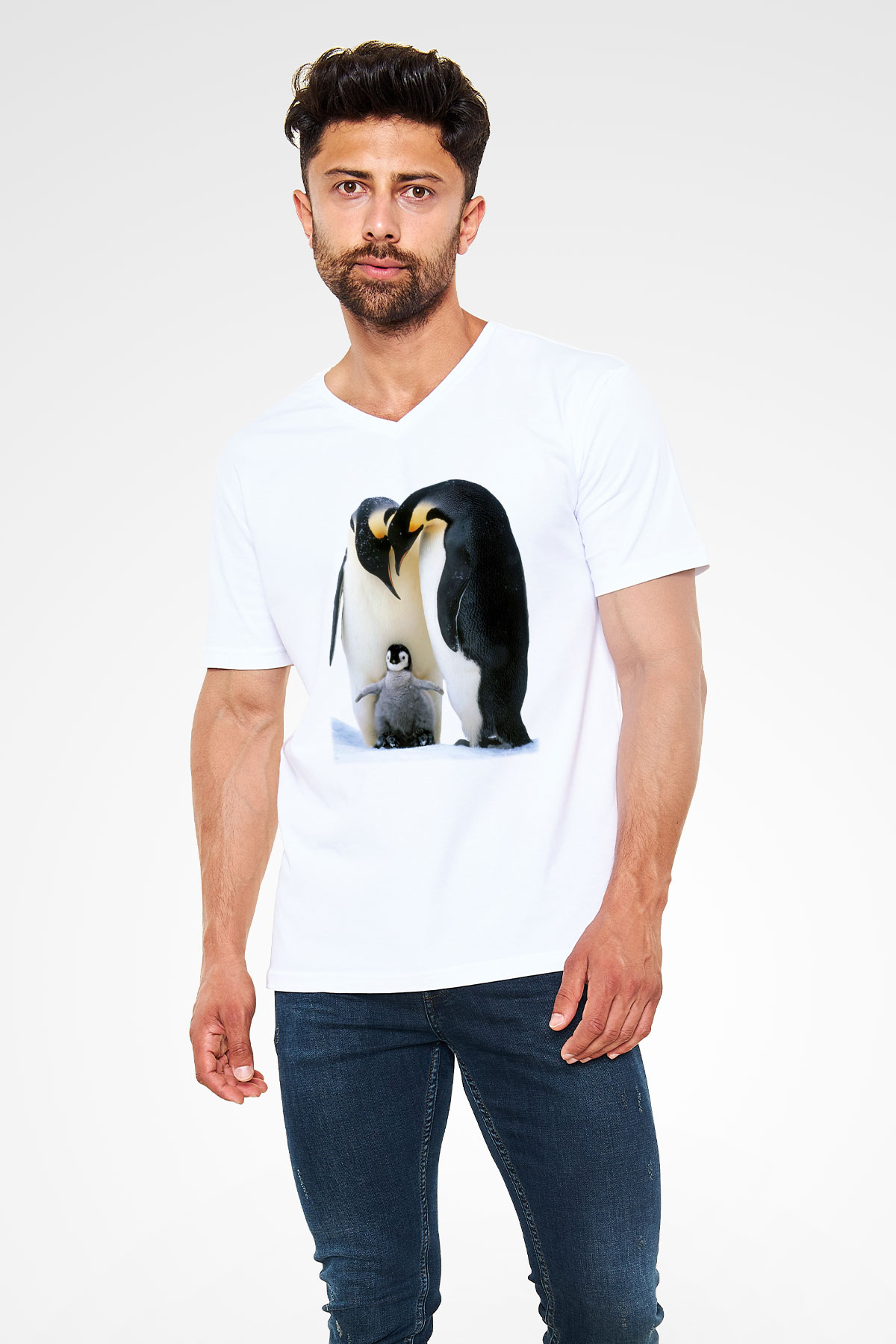 Penguen Beyaz Unisex V Yaka Tişört T-Shirt