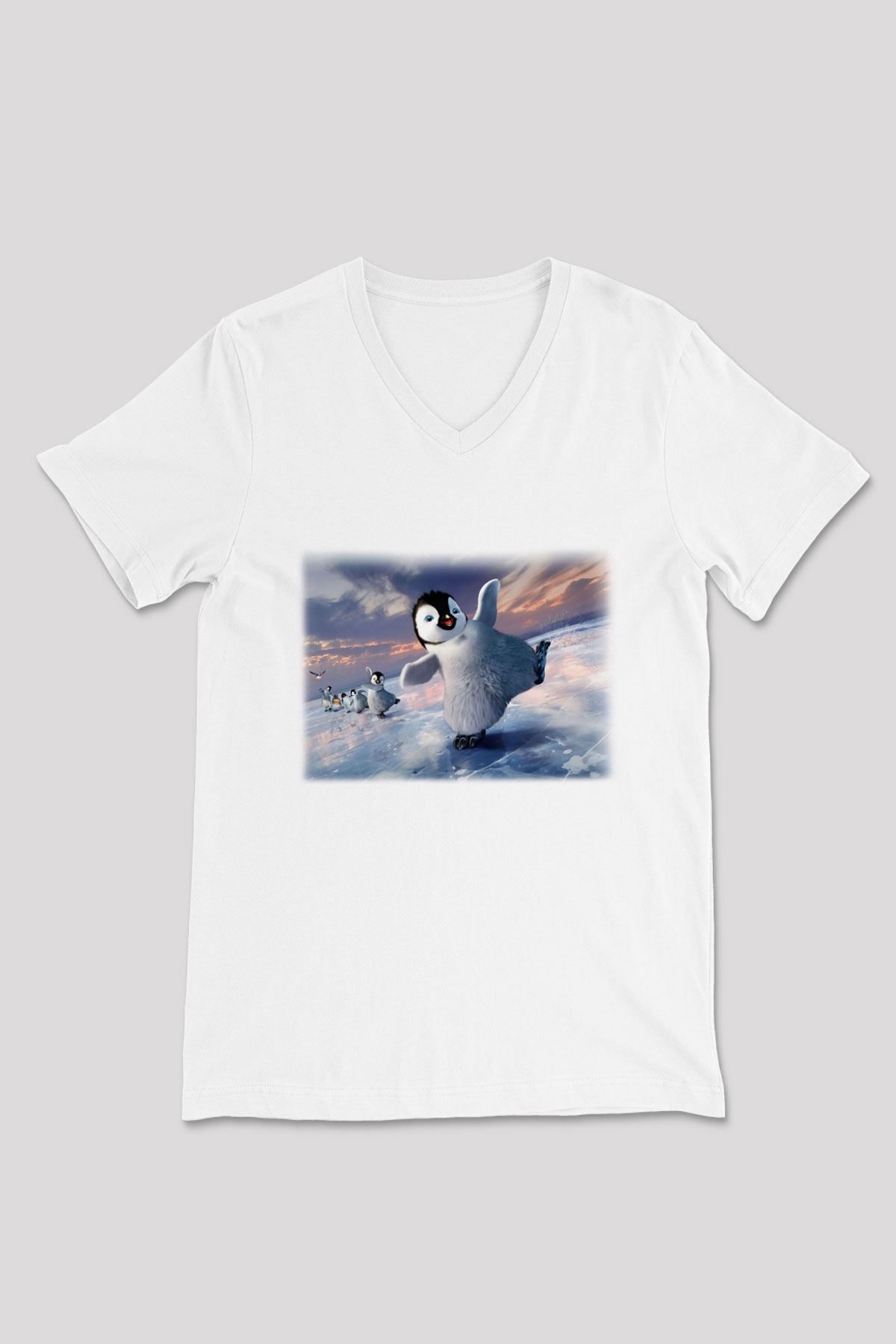 Penguen Beyaz Unisex V Yaka Tişört T-Shirt