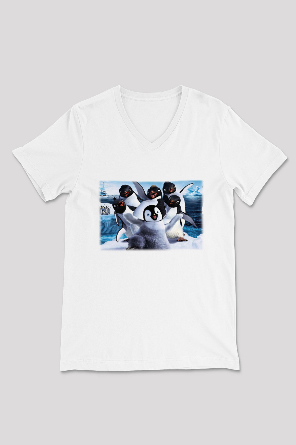 Penguen Beyaz Unisex V Yaka Tişört T-Shirt