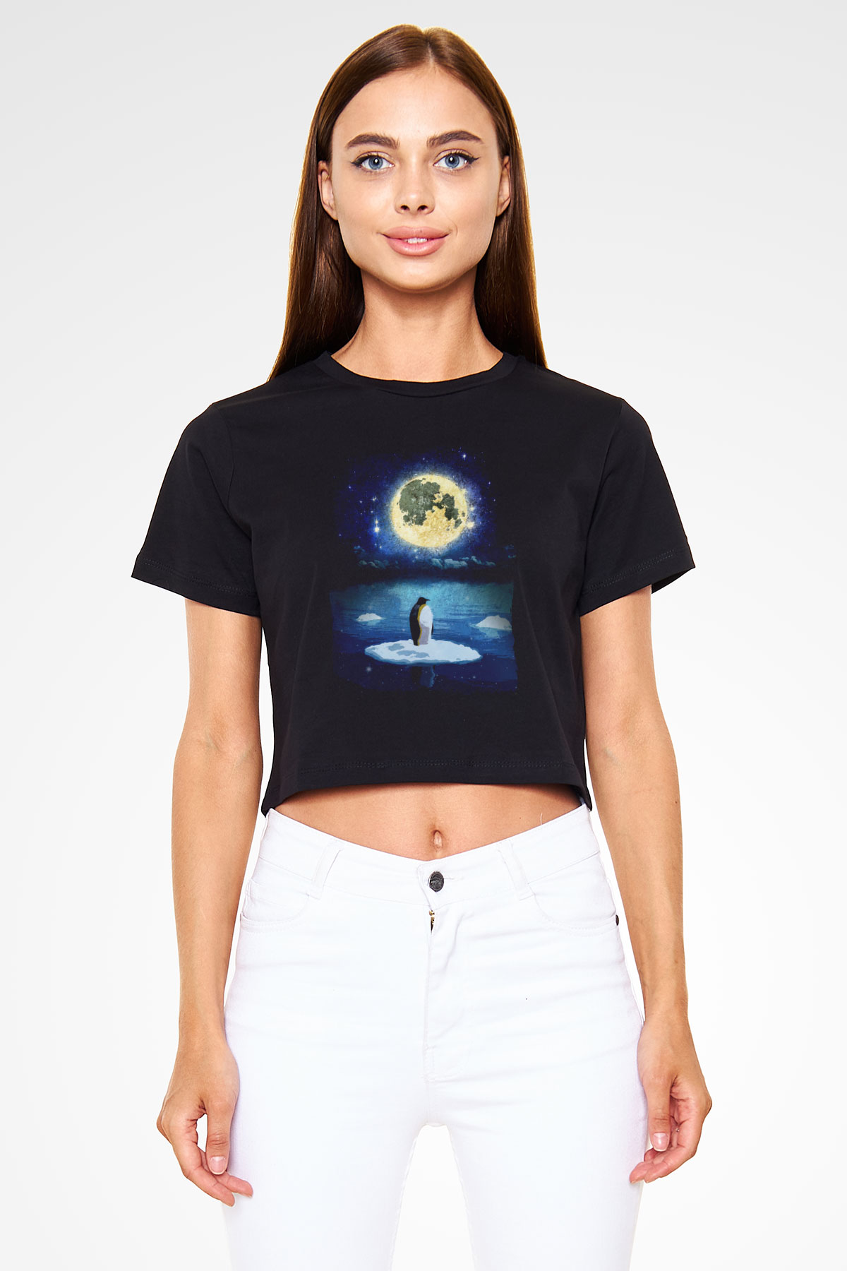 Penguen Siyah  Crop Top Tişört