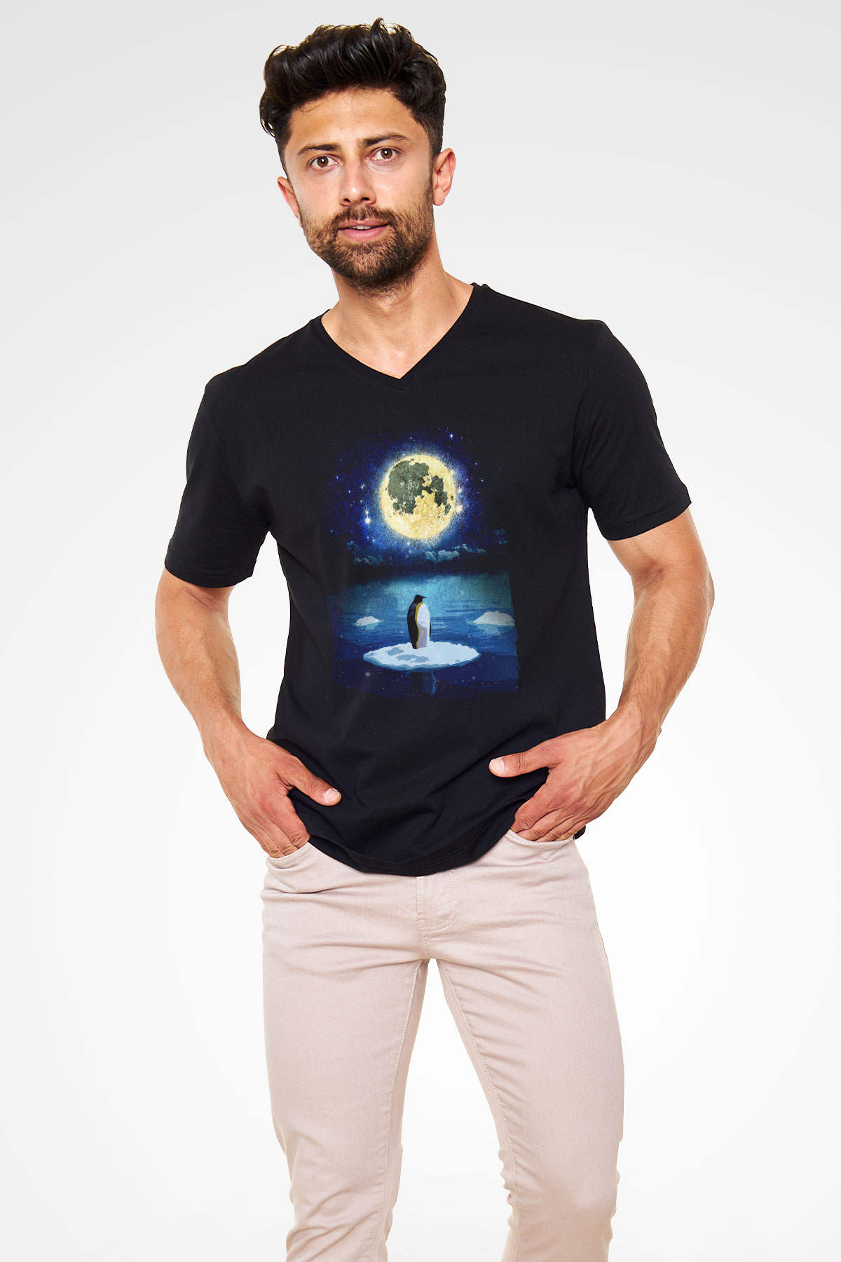 Penguen Siyah Unisex V Yaka Tişört