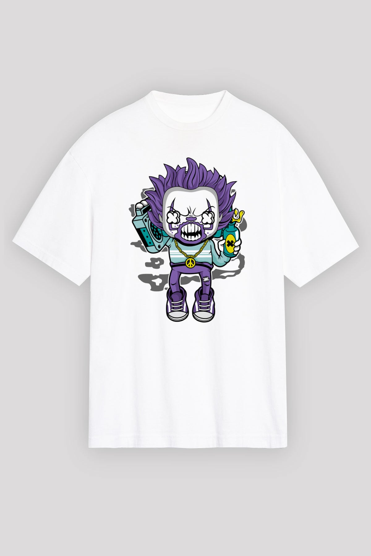 Pennywise Boombox Baskılı Beyaz Unisex Oversize Tişört