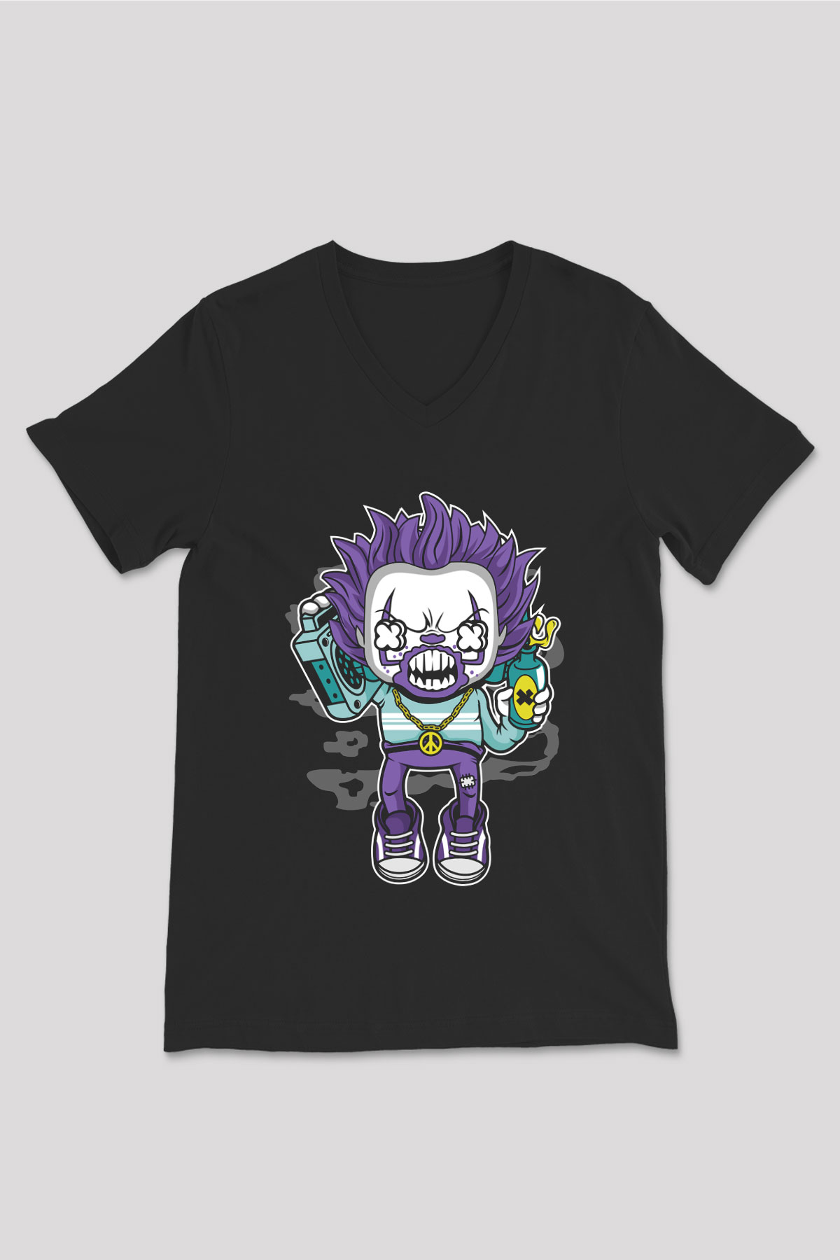 Pennywise Boombox Baskılı Siyah Unisex V Yaka Tişört