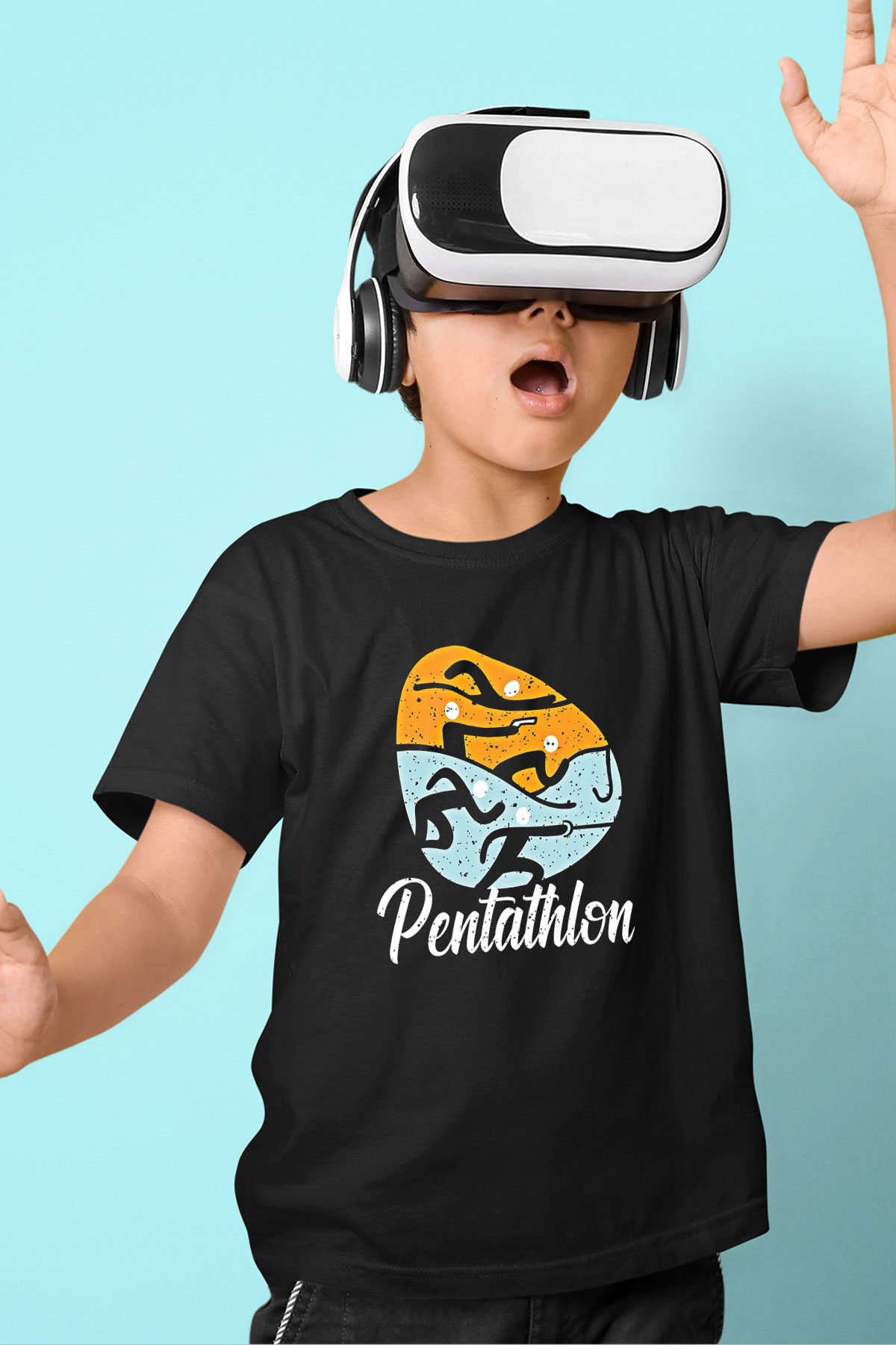 Pentathlon Baskılı Unisex Siyah Çocuk Tİşörtü - Tshirt