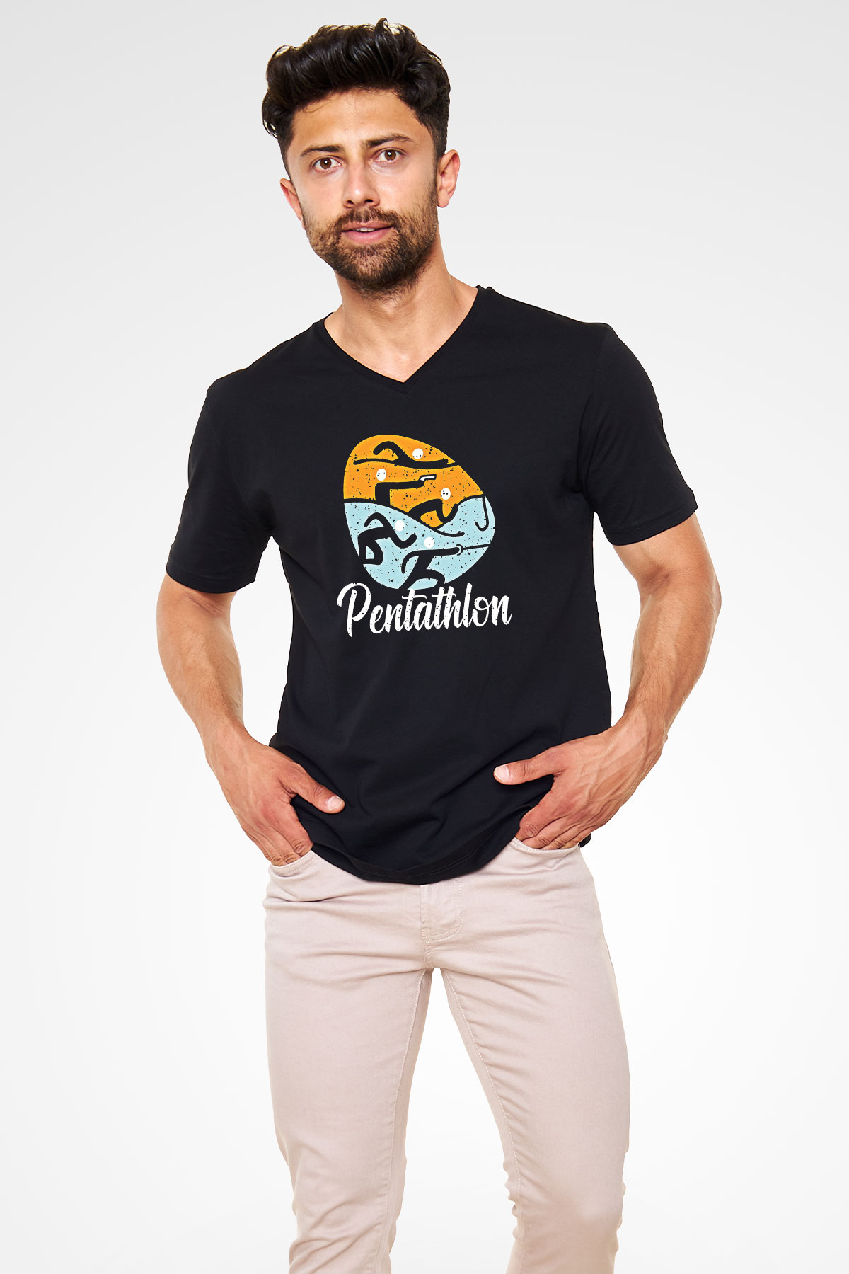 Pentathlon Baskılı Unisex Siyah V Yaka Tişört
